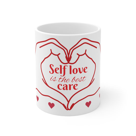 Self love is the best care White Ceramic Mug, 11oz, hearts, red, hand, she, her, gift for her, self, love, care