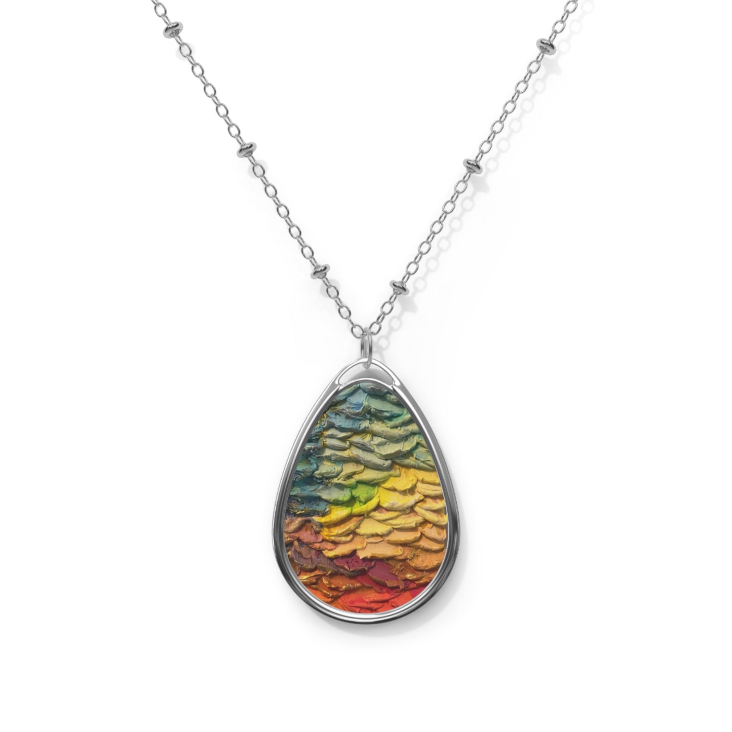 Cascading colours Oval Necklace, yellow, orange, green, blue, gold, silver, for him or her, unisex, Aus, UK, USA