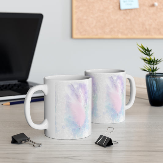 White Ceramic Mug, 11oz, light encoded with unity consciousness energies, divine union, ascension coffee cup, alchemical art, activated feather design