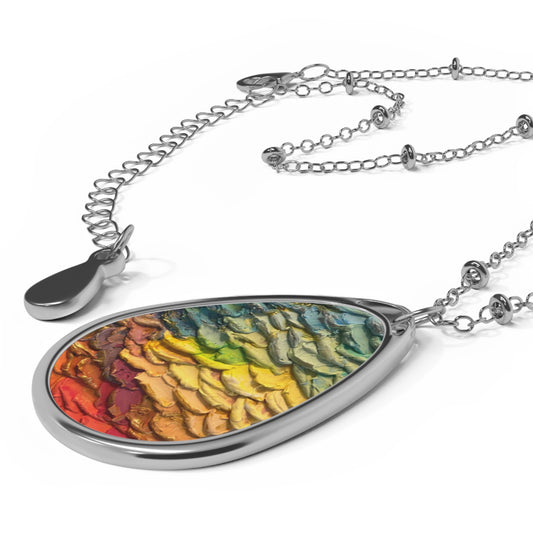 Cascading colours Oval Necklace, yellow, orange, green, blue, gold, silver, for him or her, unisex, Aus, UK, USA