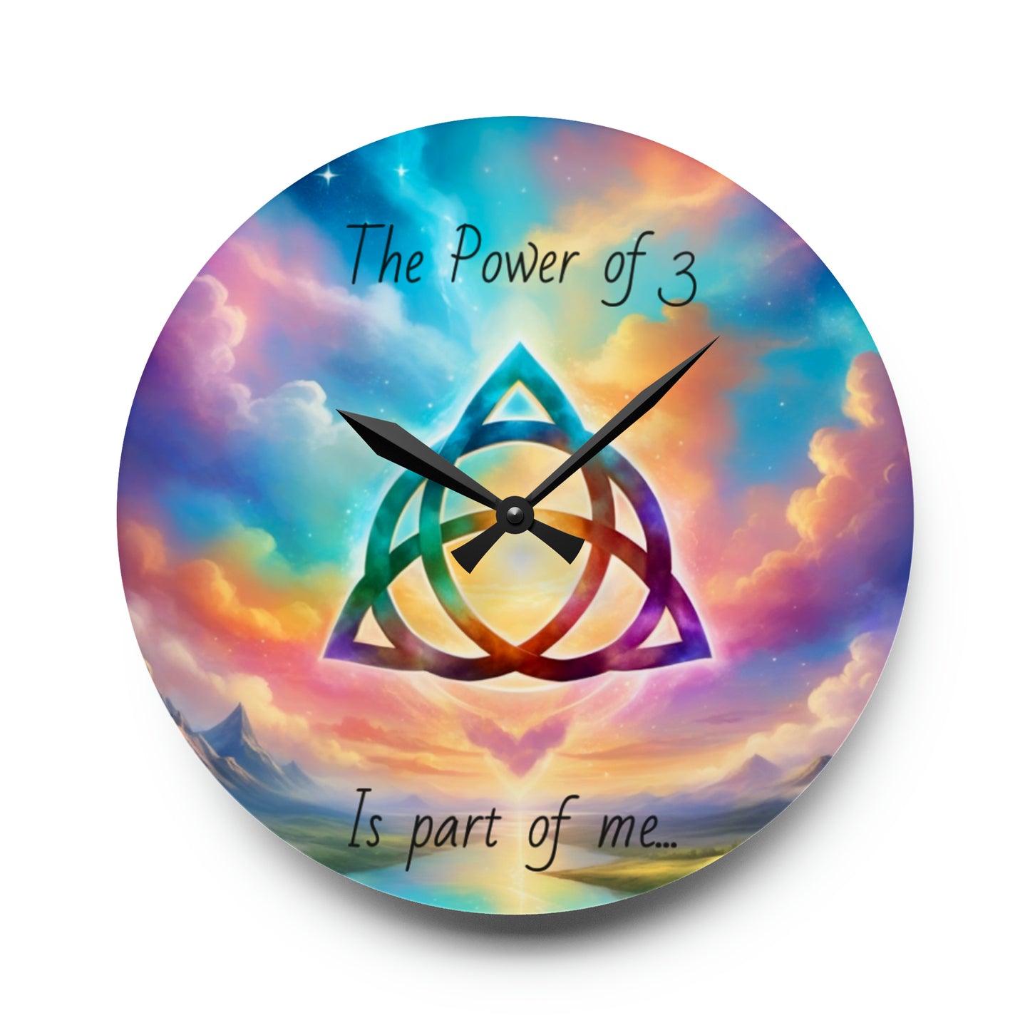 Acrylic Wall Clock, the power of 3 is part of me affirmation, brightly coloured sky with a triquetra symbol on it.