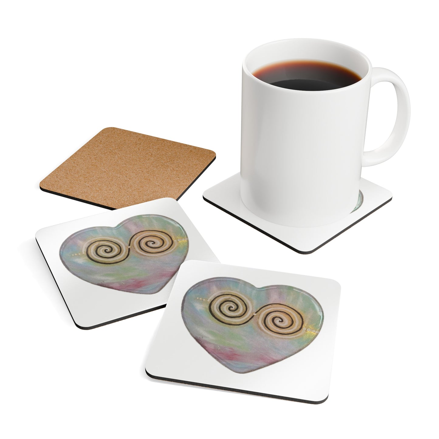 Twinflame unity activated double spiral set of 4 coasters, corkback,  alchemical art energises your food, drink or object with divine union energy