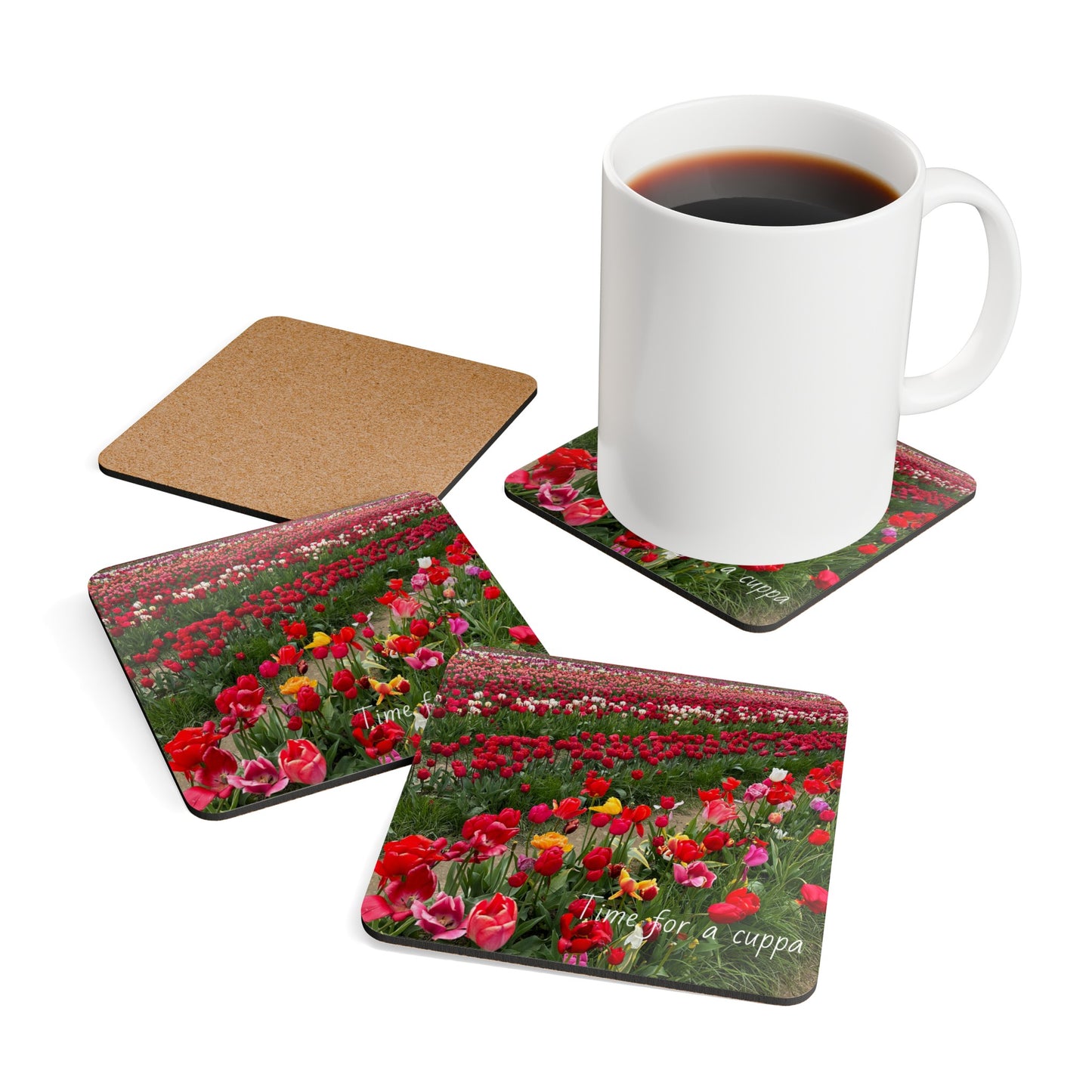 Time for a cuppa Corkwood Tulip Coaster Set, Uk, Us, Aus, flower, colourful, red, hot drink, unisex, home