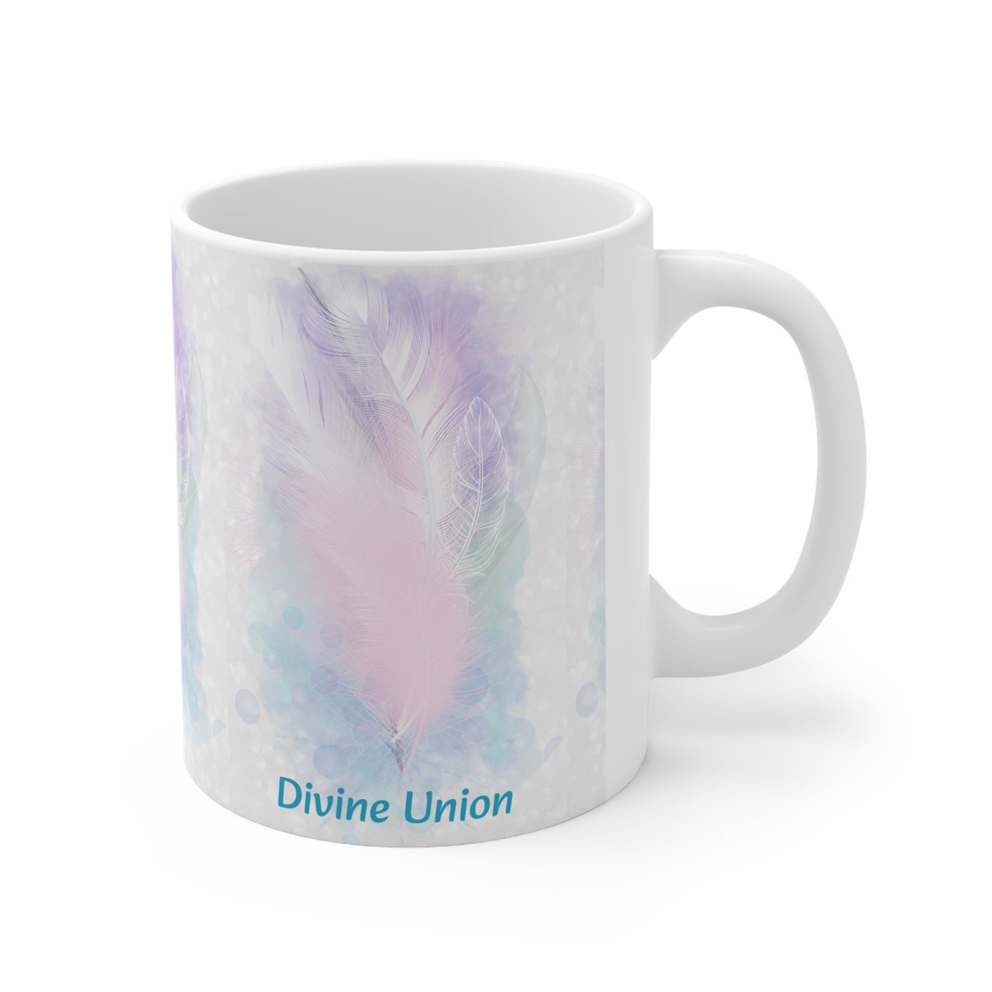 Divine union White Ceramic Mug, 11oz, light encoded feather design, activated alchemical art