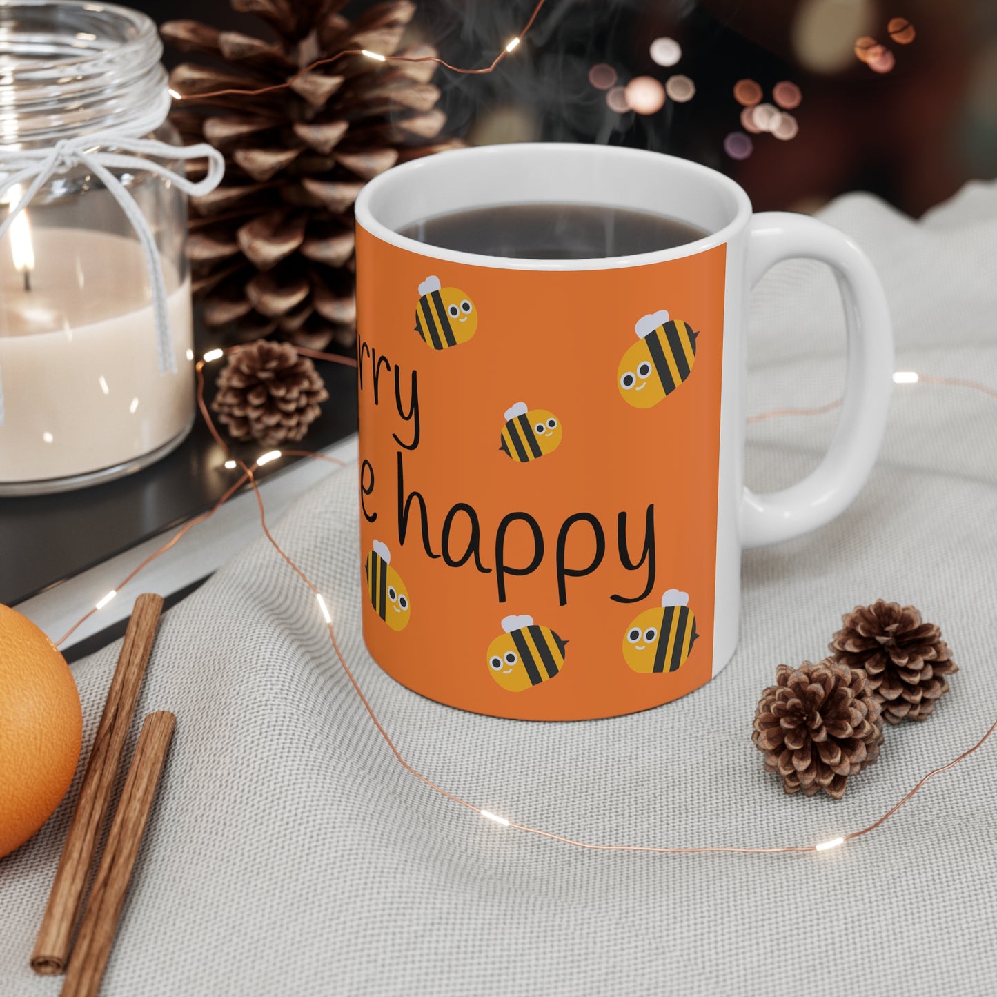 Don't worry bee happy, White Ceramic Mug, 11oz, bee lovers, orange, Uk, Us, Aus, gift for all