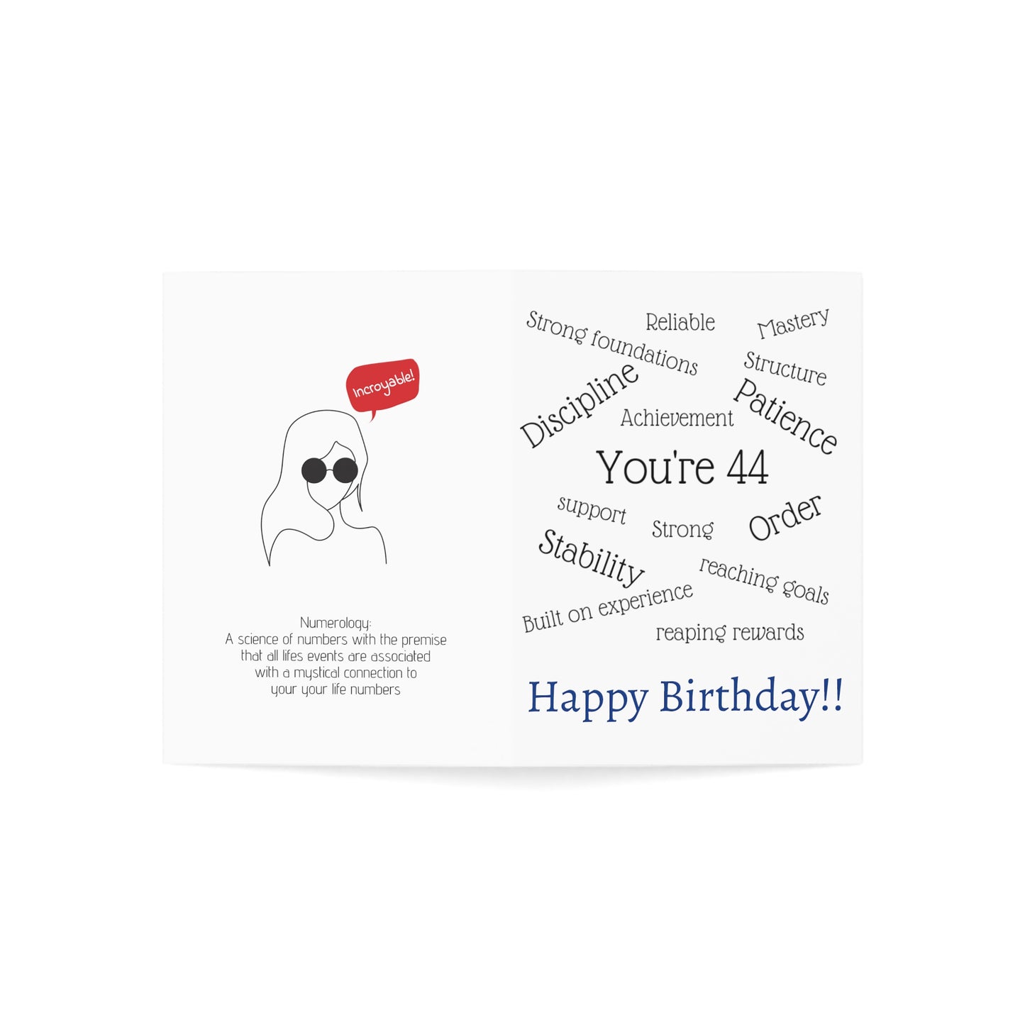 Birthday Card (1, 10, 30, and 50pcs) , 44th birthday, numerological meaning of your year to come, age birthday, gift for him or her