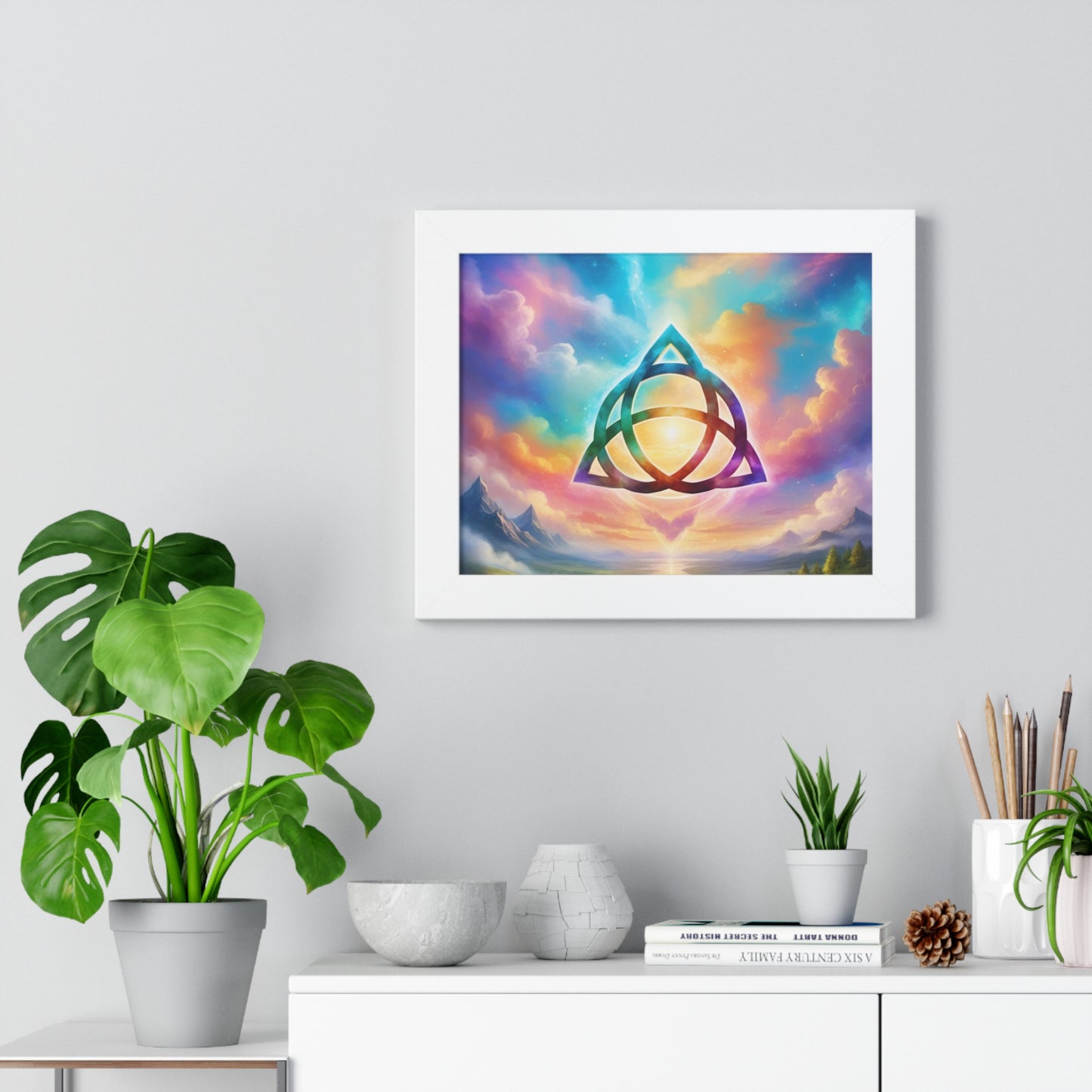 Framed Horizontal Poster, Triquetra and words, the power of 3 is part of me, various colours and sizes, colourful sky