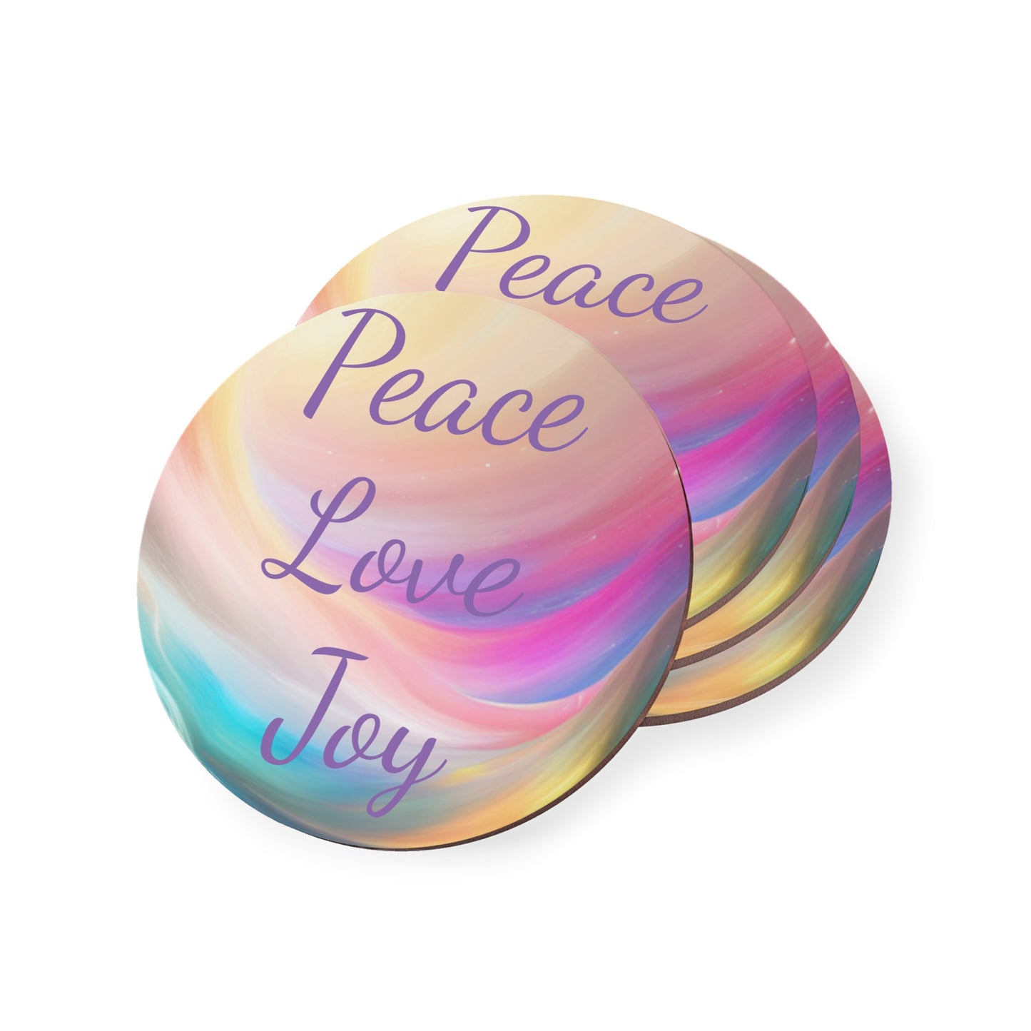 Peace, love, joy Coasters, singe or set of 4, round or square, upgrade your decor and be reminded of your high vibe intentions with every sip, Aus, UK, USA