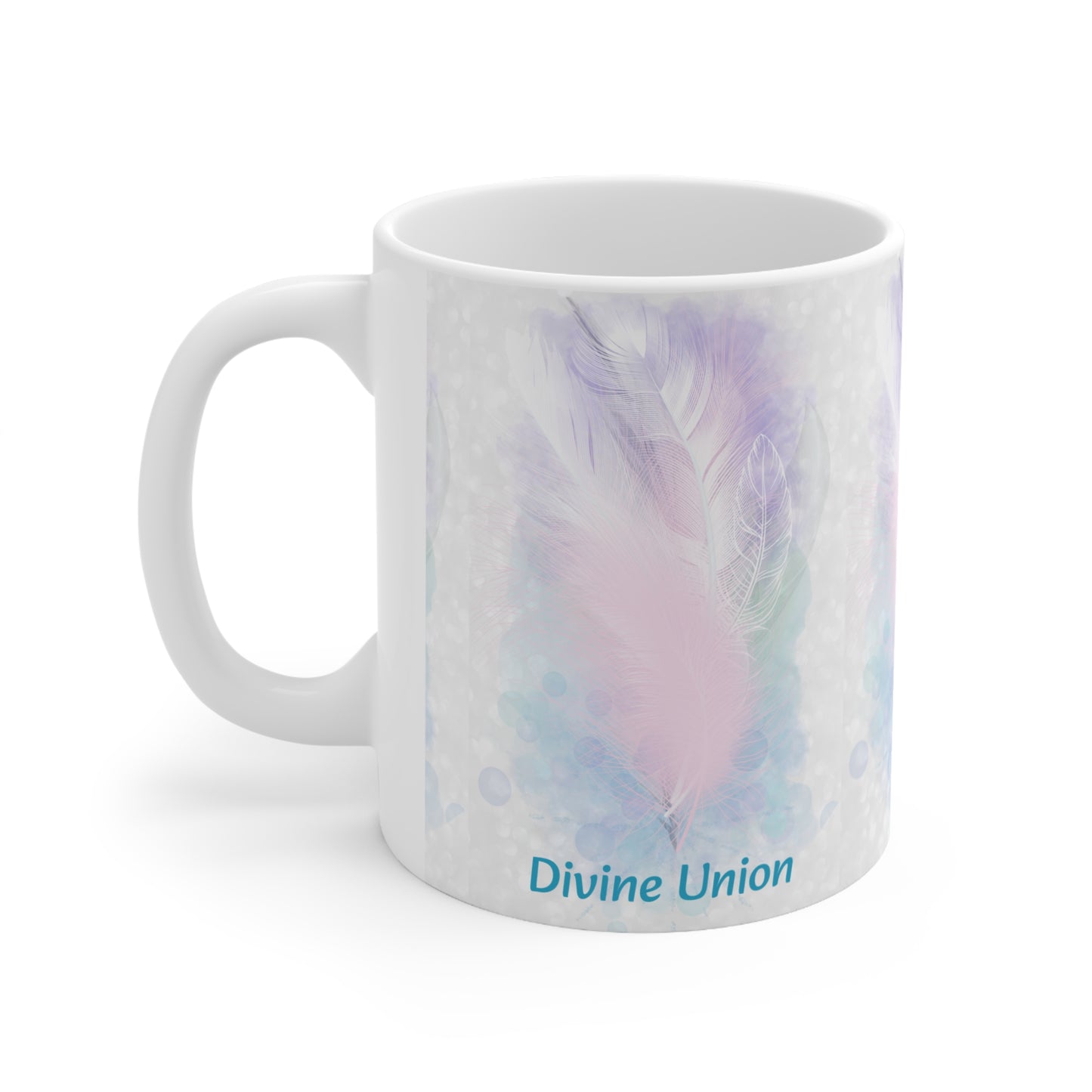 Divine union White Ceramic Mug, 11oz, light encoded feather design, activated alchemical art