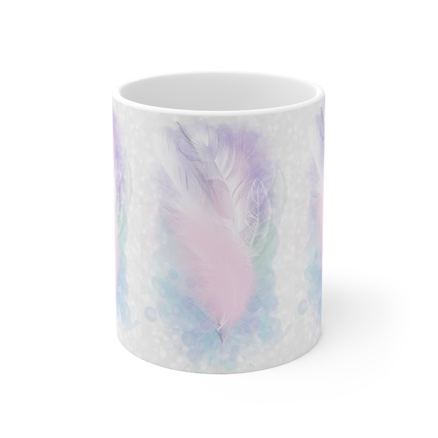 White Ceramic Mug, 11oz, light encoded with unity consciousness energies, divine union, ascension coffee cup, alchemical art, activated feather design