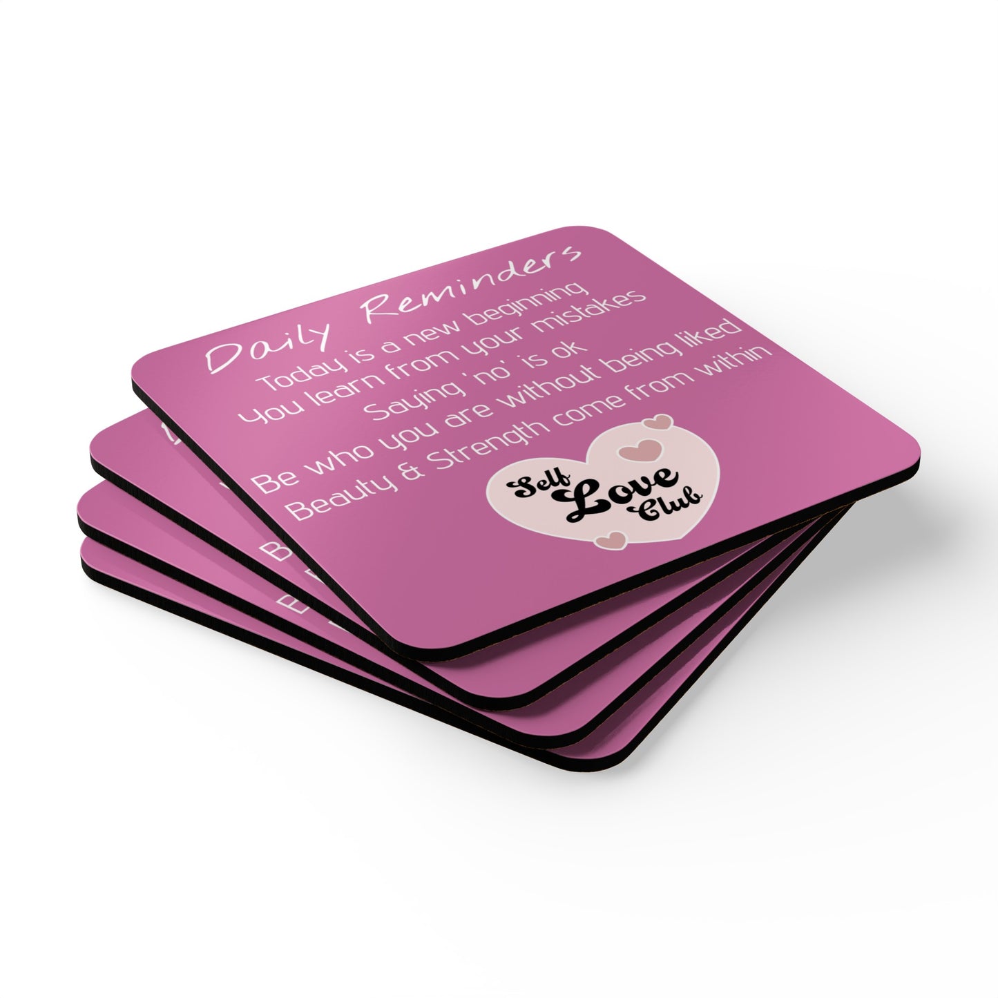 Self love club Corkwood Pink Coaster Set, uk, aus, us, daily reminder, positivity, gift for all, present, treat yourself, her