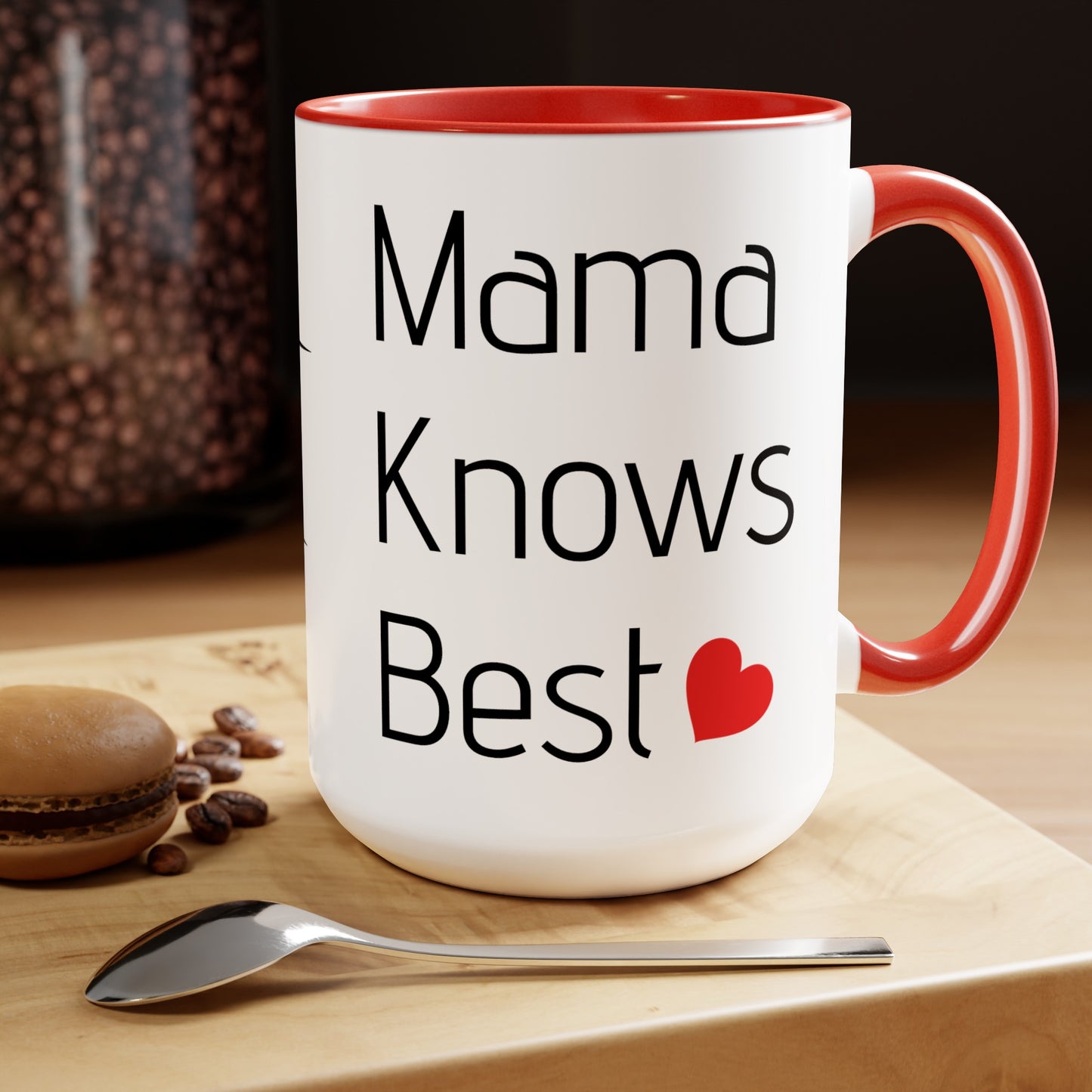 Mama knows best Two-Tone Coffee Mug, 15oz, red, heart, text, gift for mothers, love