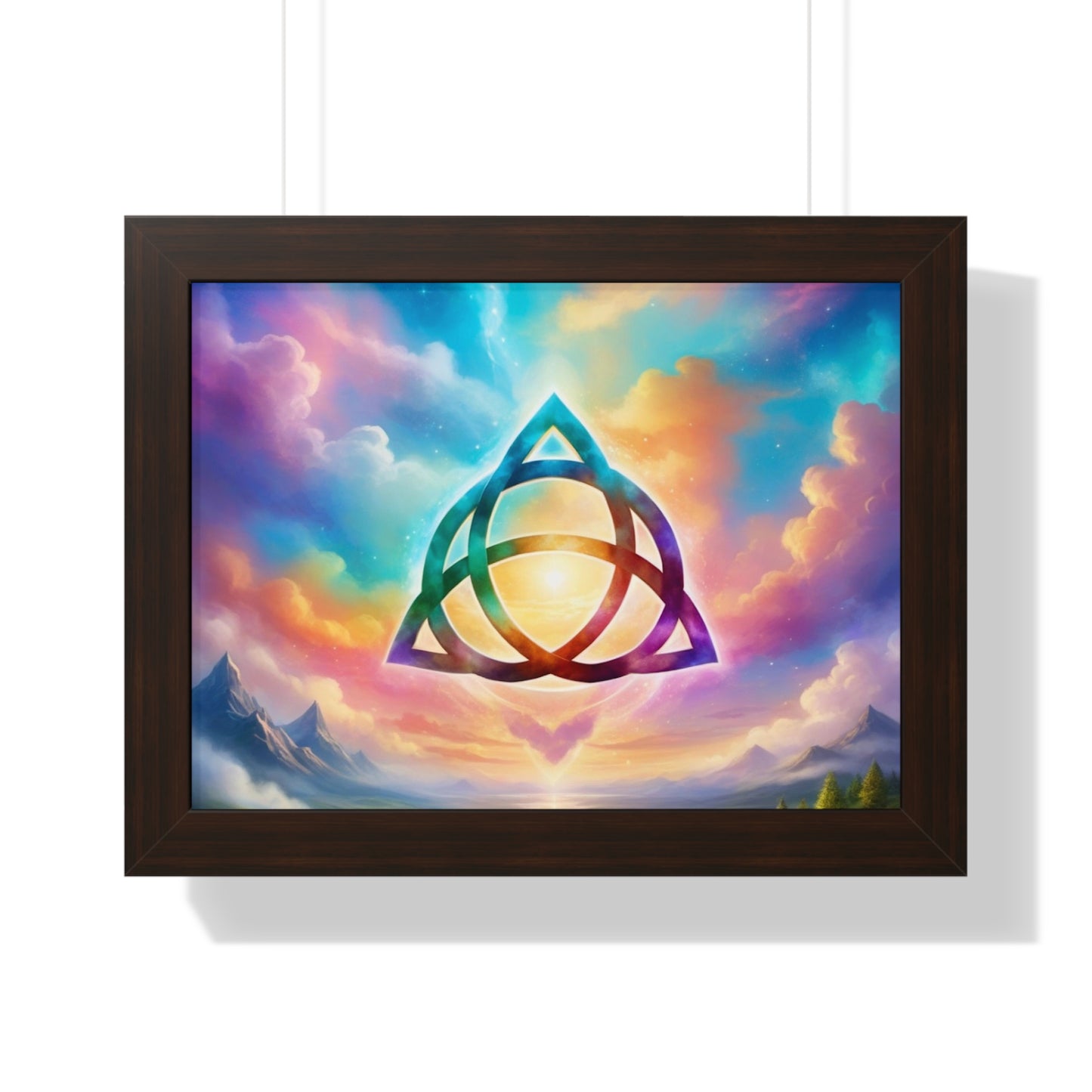 Framed Horizontal Poster, Triquetra and words, the power of 3 is part of me, various colours and sizes, colourful sky