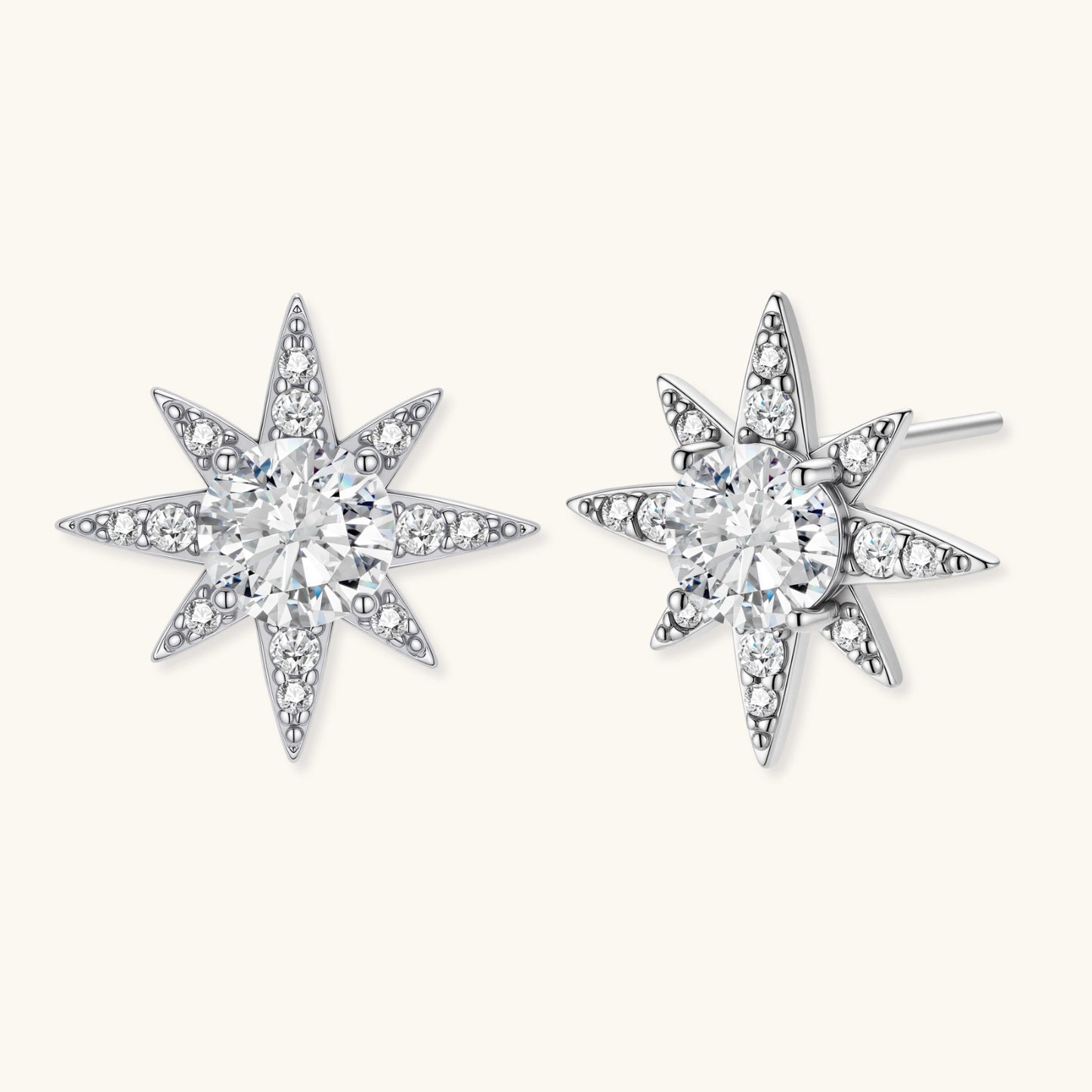 Sterling silver star-shaped stud earrings with brilliant moissanite center stones and pavé details on neutral background.