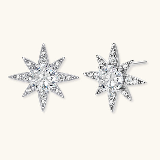 Sterling silver star-shaped stud earrings with brilliant moissanite center stones and pavé details on neutral background.