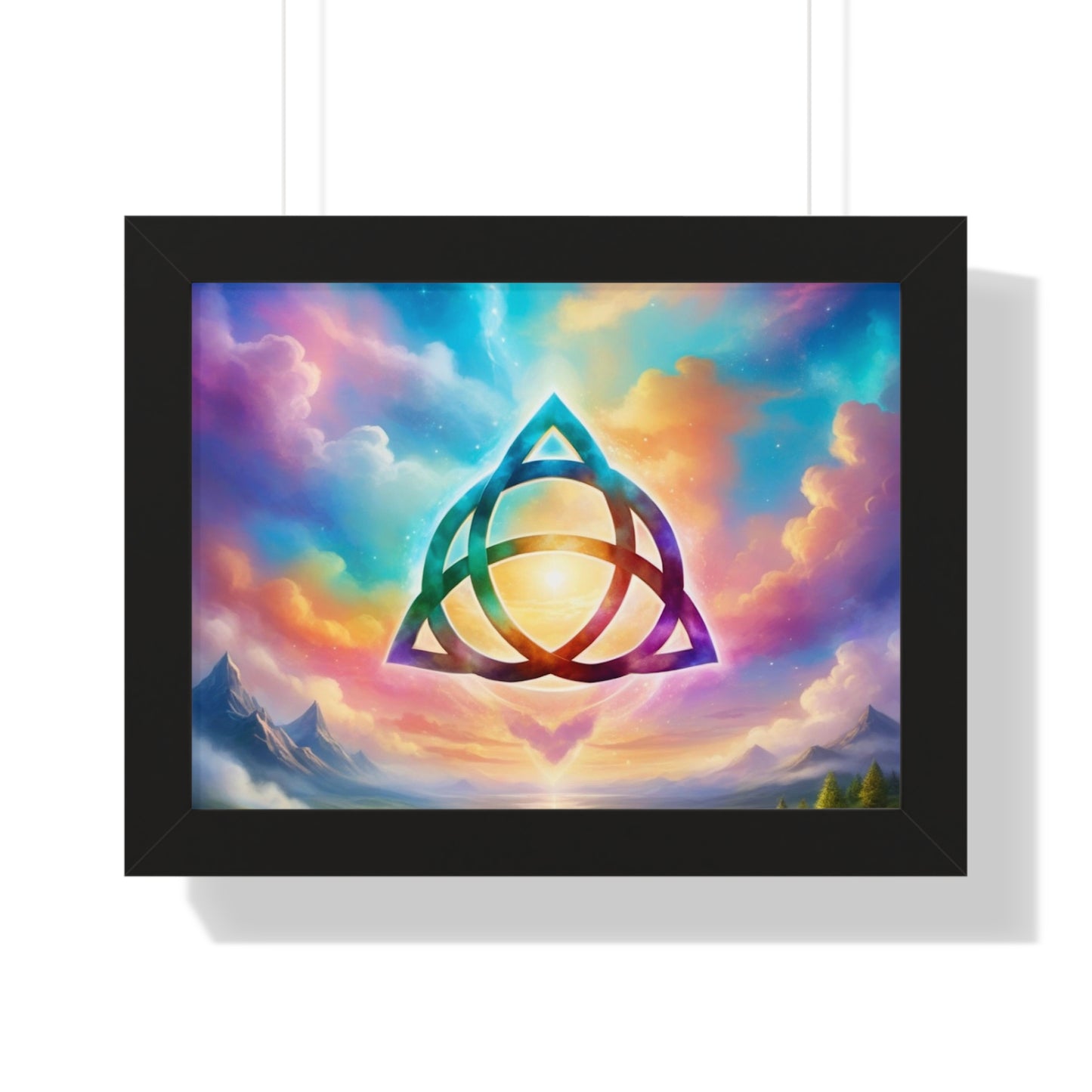 Framed Horizontal Poster, Triquetra and words, the power of 3 is part of me, various colours and sizes, colourful sky