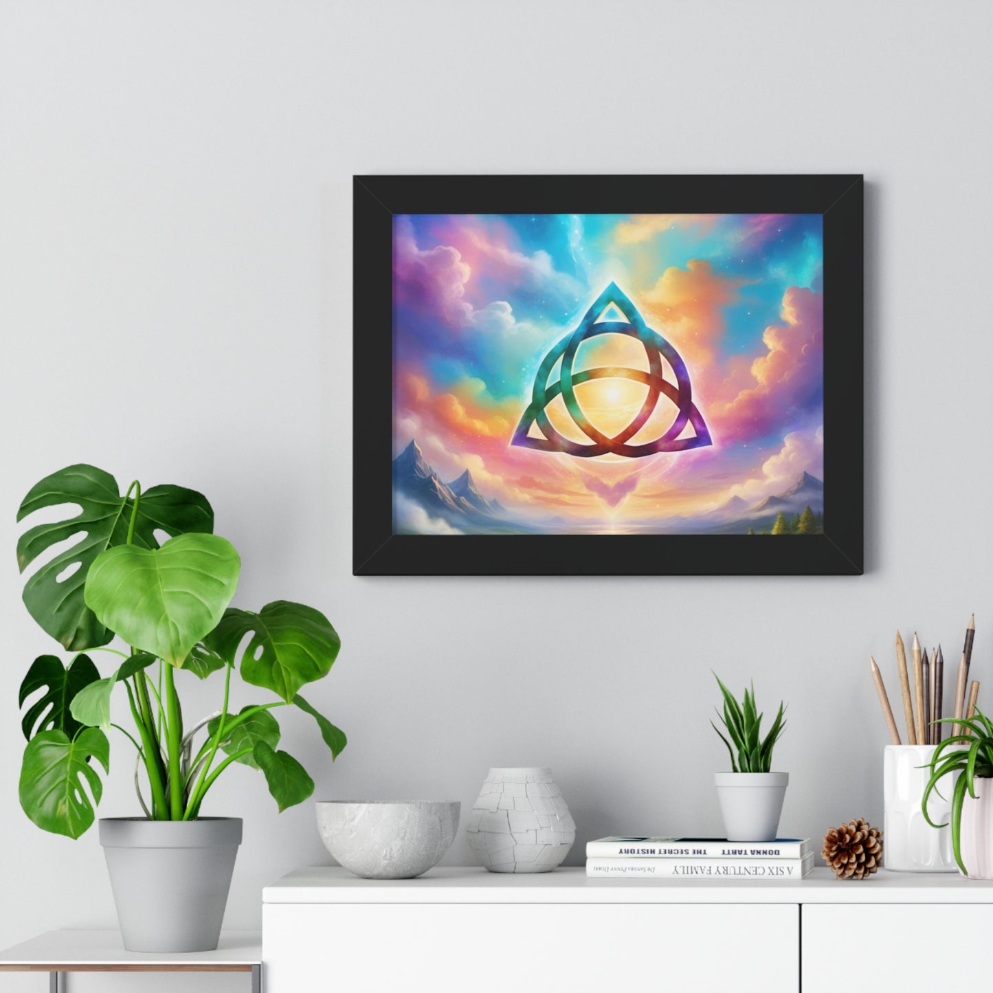 Framed Horizontal Poster, Triquetra and words, the power of 3 is part of me, various colours and sizes, colourful sky