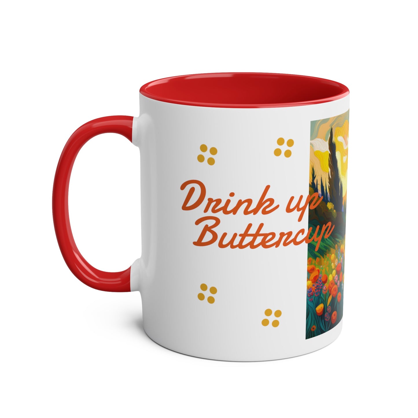 Drink up buttercup Two-Tone Coffee Mugs, 11oz, choice of 3 colours, refreshing, flowers, tea, hot drink, unisex, UK