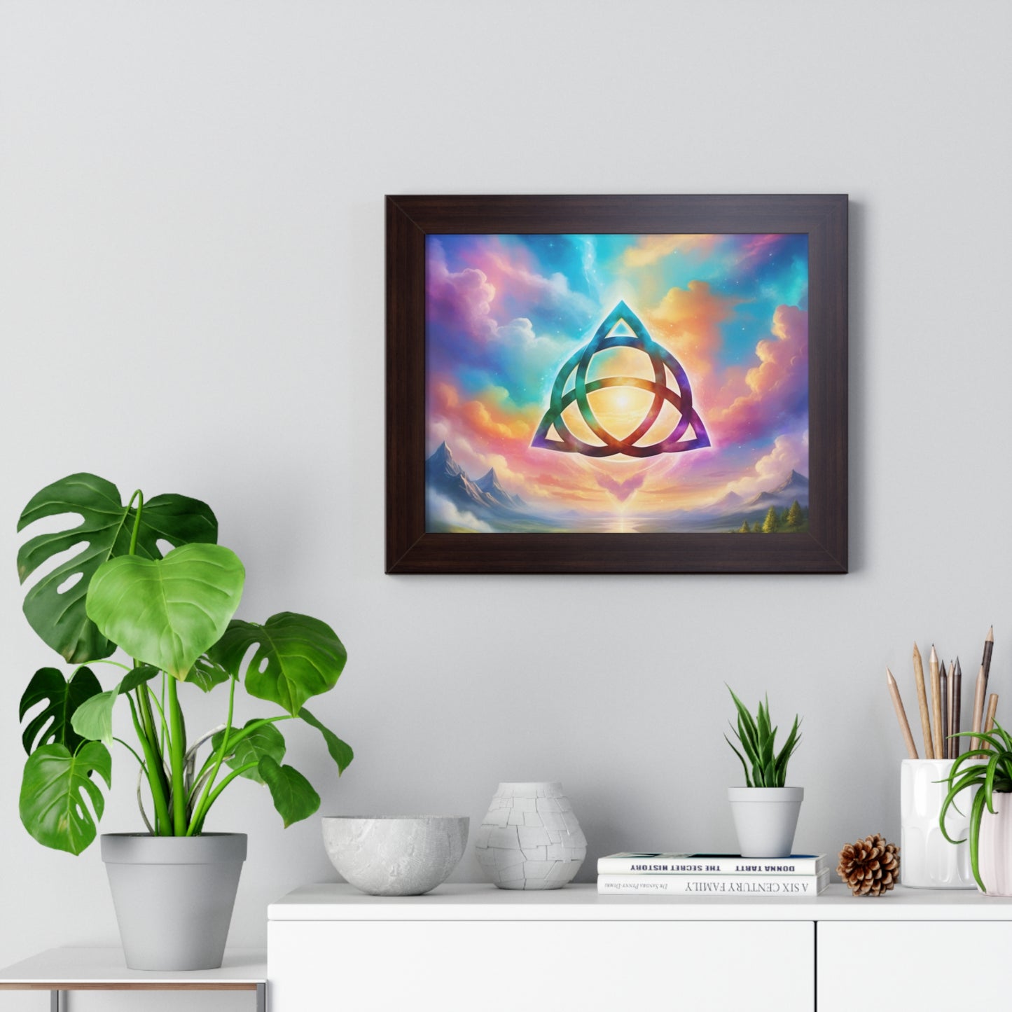 Framed Horizontal Poster, Triquetra and words, the power of 3 is part of me, various colours and sizes, colourful sky