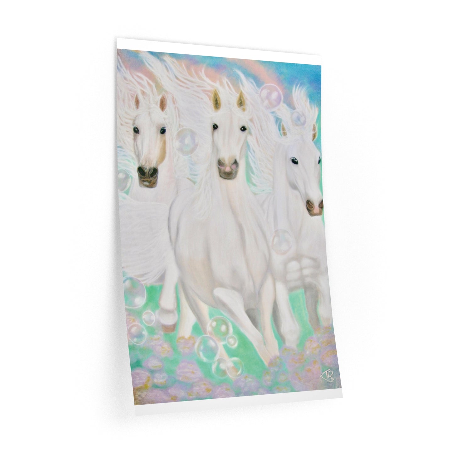 Energised Wall Decal of 3 white horses galloping towards you in fantasy pink and green background, flowing manes, painting created with healing energy, light codes, healing art