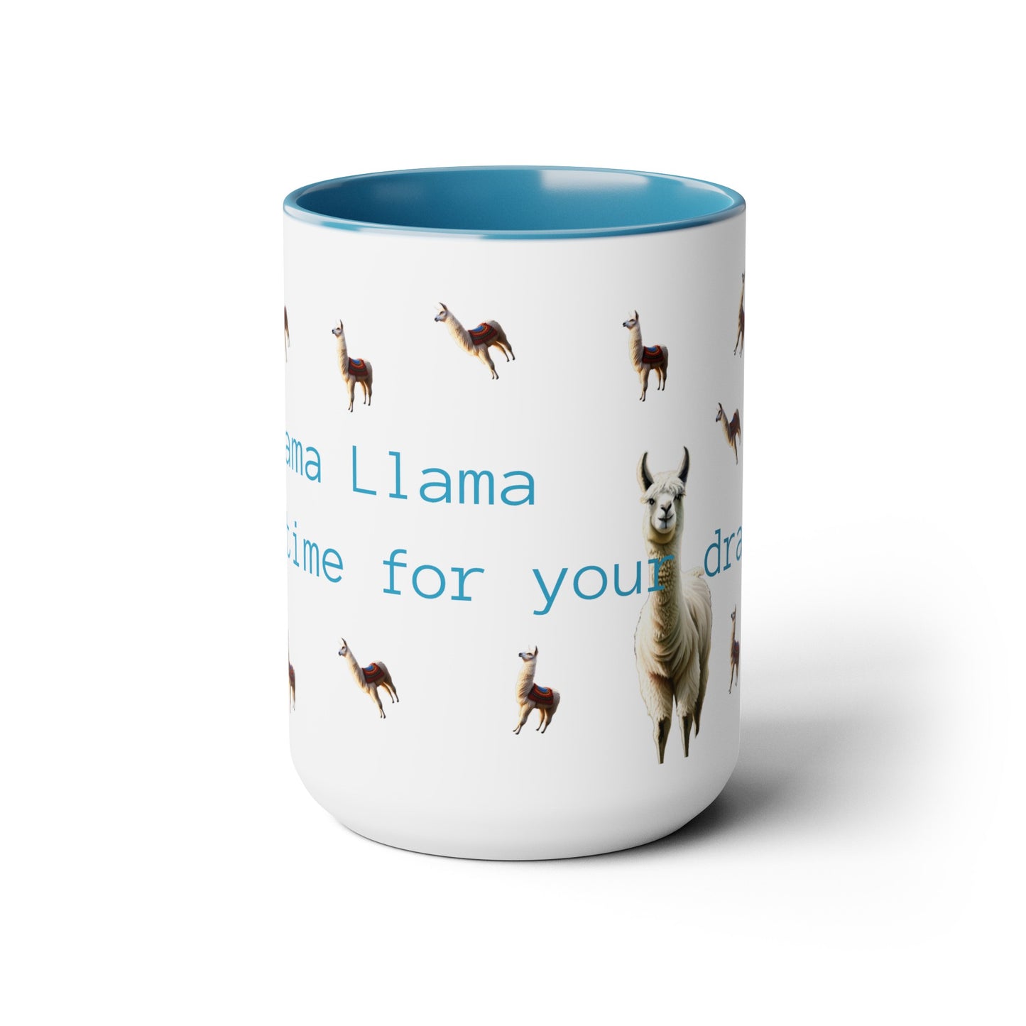 Mama Llama, no time for drama Two-Tone Coffee Mugs, 15oz, gift for mom, llama, choice of colour, pink, blue