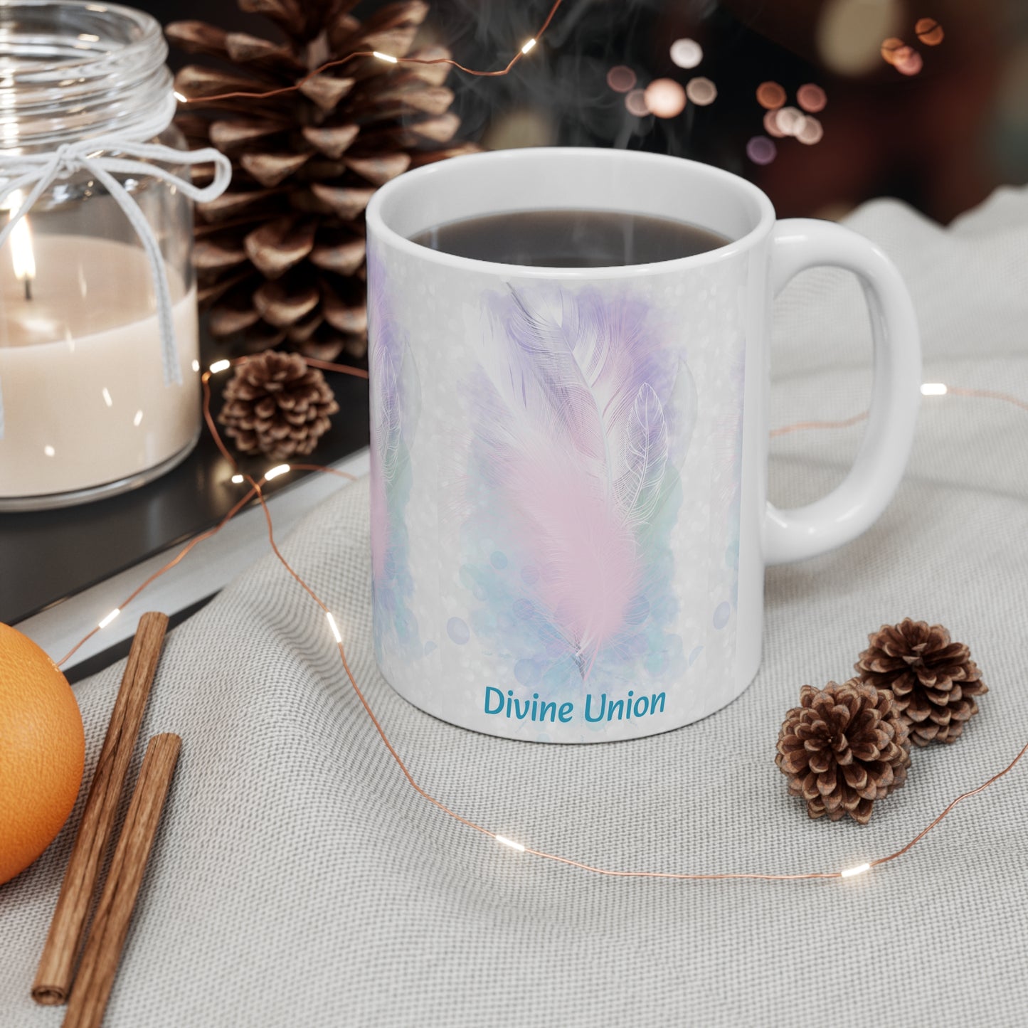 Divine union White Ceramic Mug, 11oz, light encoded feather design, activated alchemical art