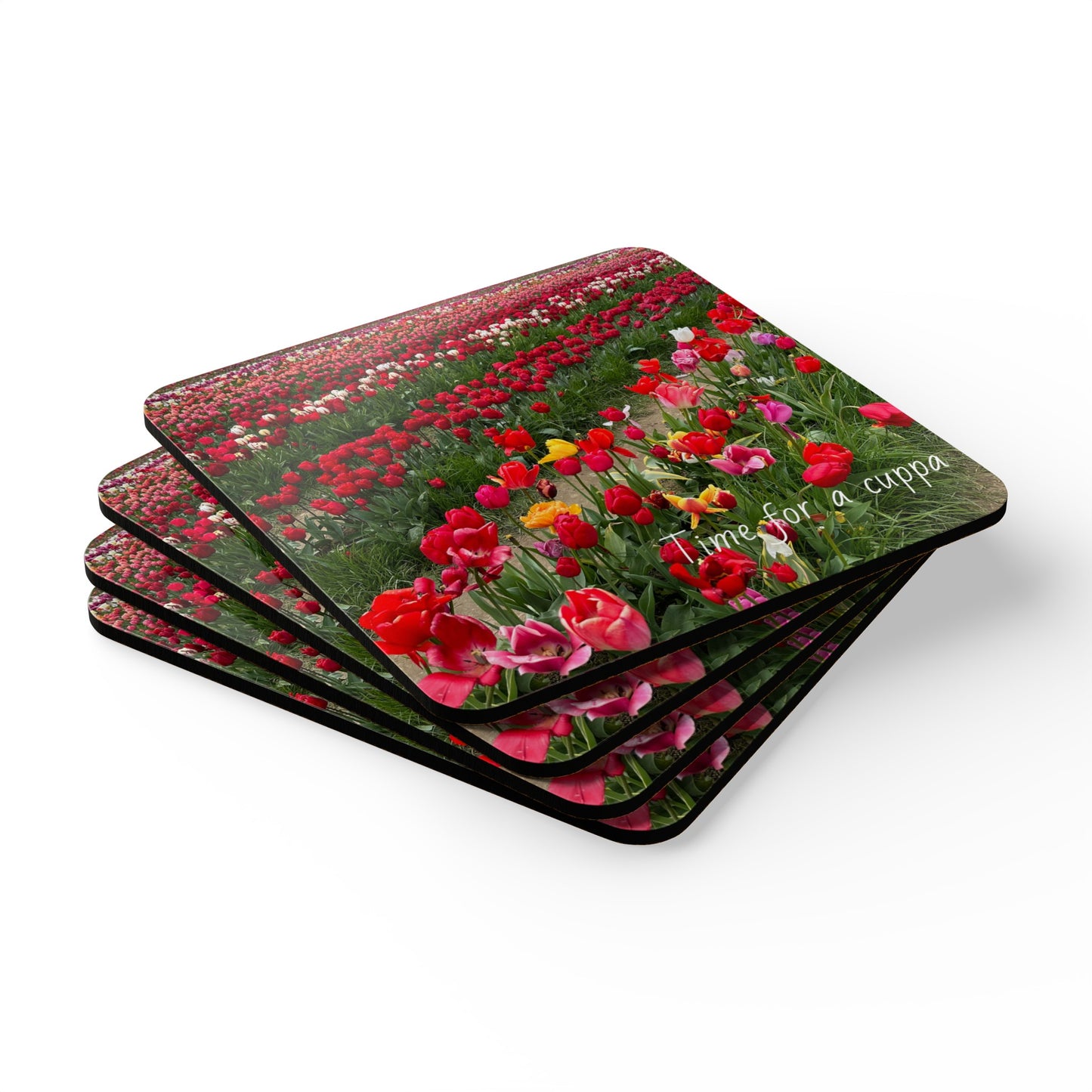 Time for a cuppa Corkwood Tulip Coaster Set, Uk, Us, Aus, flower, colourful, red, hot drink, unisex, home