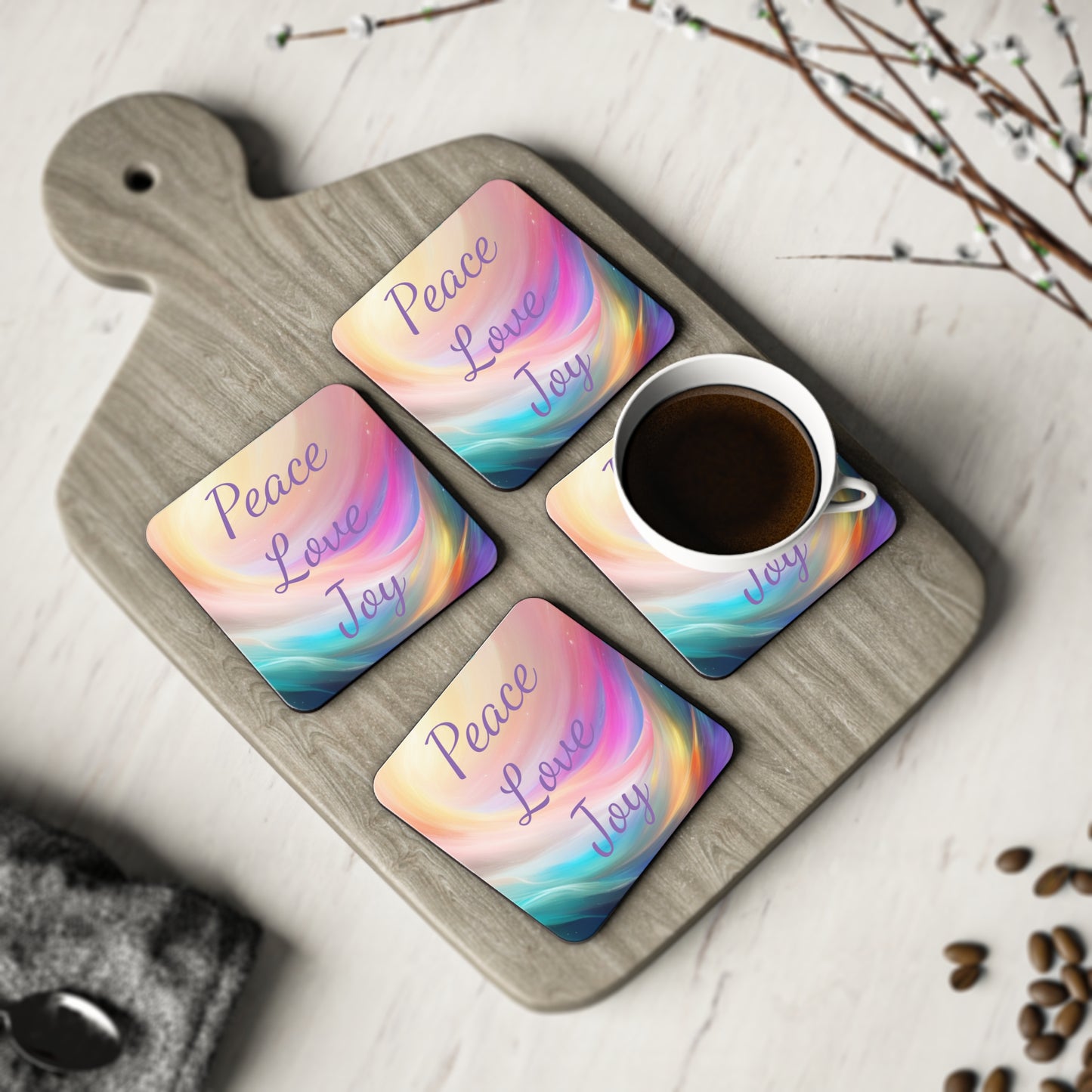 Peace, love, joy Coasters, singe or set of 4, round or square, upgrade your decor and be reminded of your high vibe intentions with every sip, Aus, UK, USA