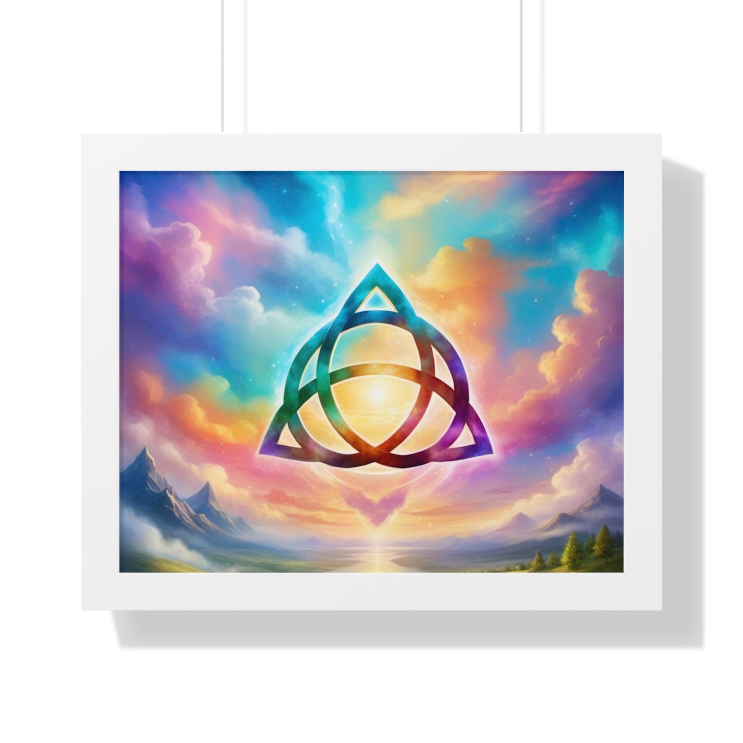 Framed Horizontal Poster, Triquetra and words, the power of 3 is part of me, various colours and sizes, colourful sky