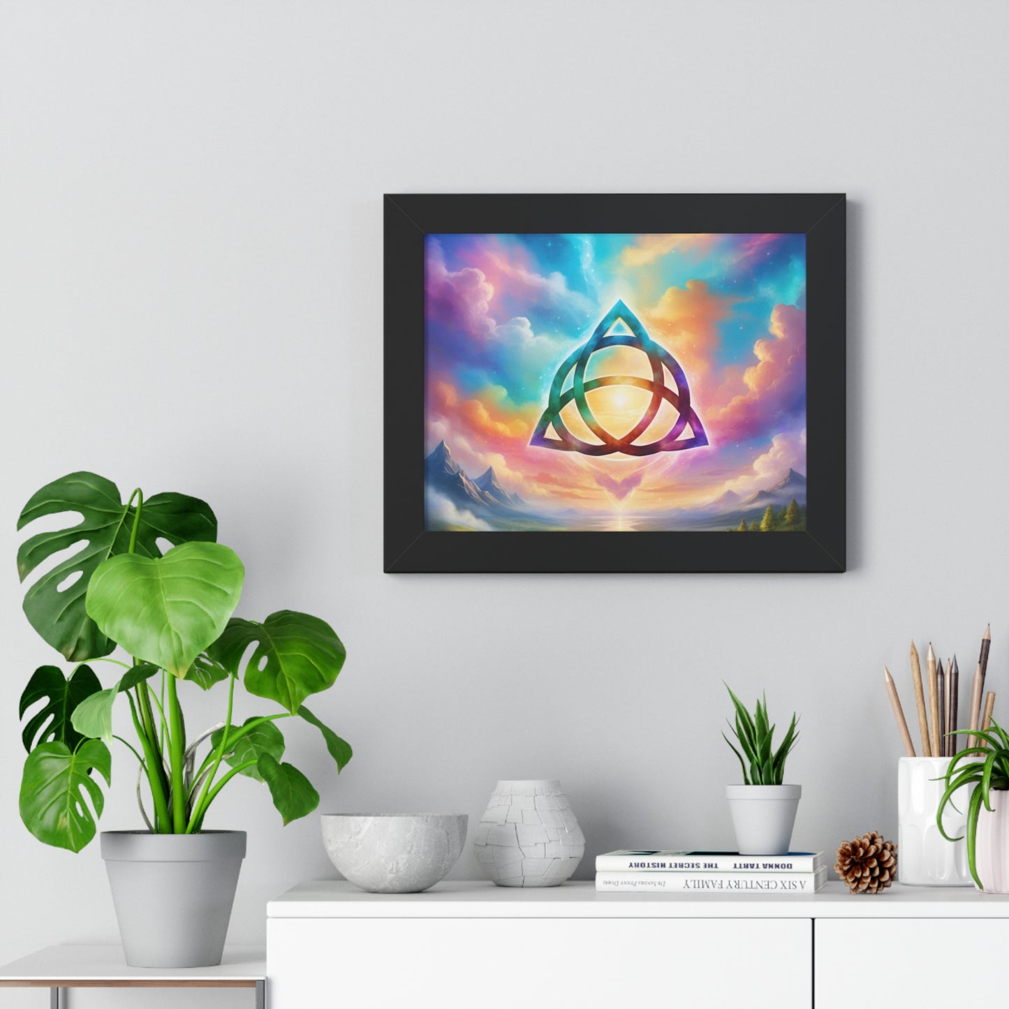 Framed Horizontal Poster, Triquetra and words, the power of 3 is part of me, various colours and sizes, colourful sky