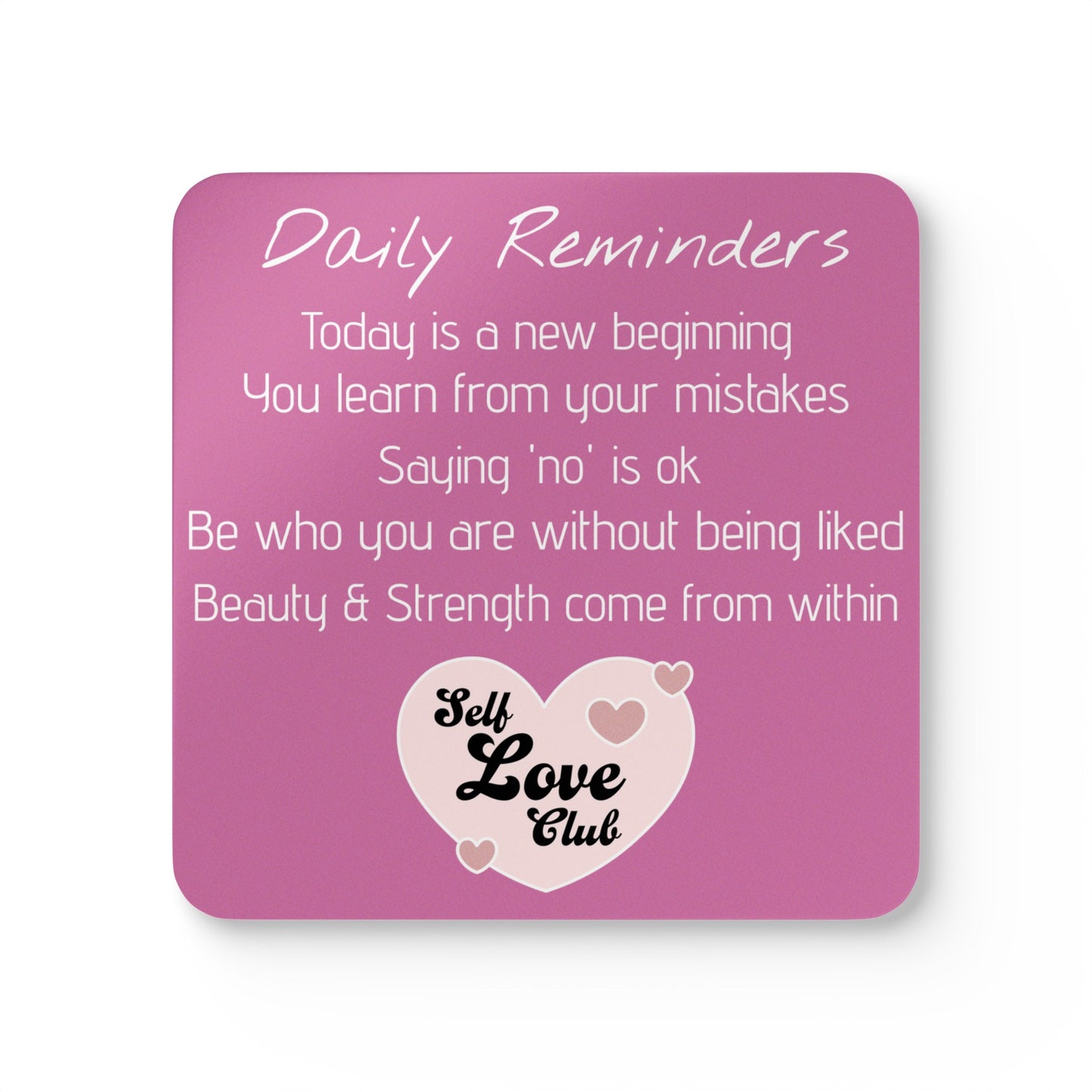 Self love club Corkwood Pink Coaster Set, uk, aus, us, daily reminder, positivity, gift for all, present, treat yourself, her