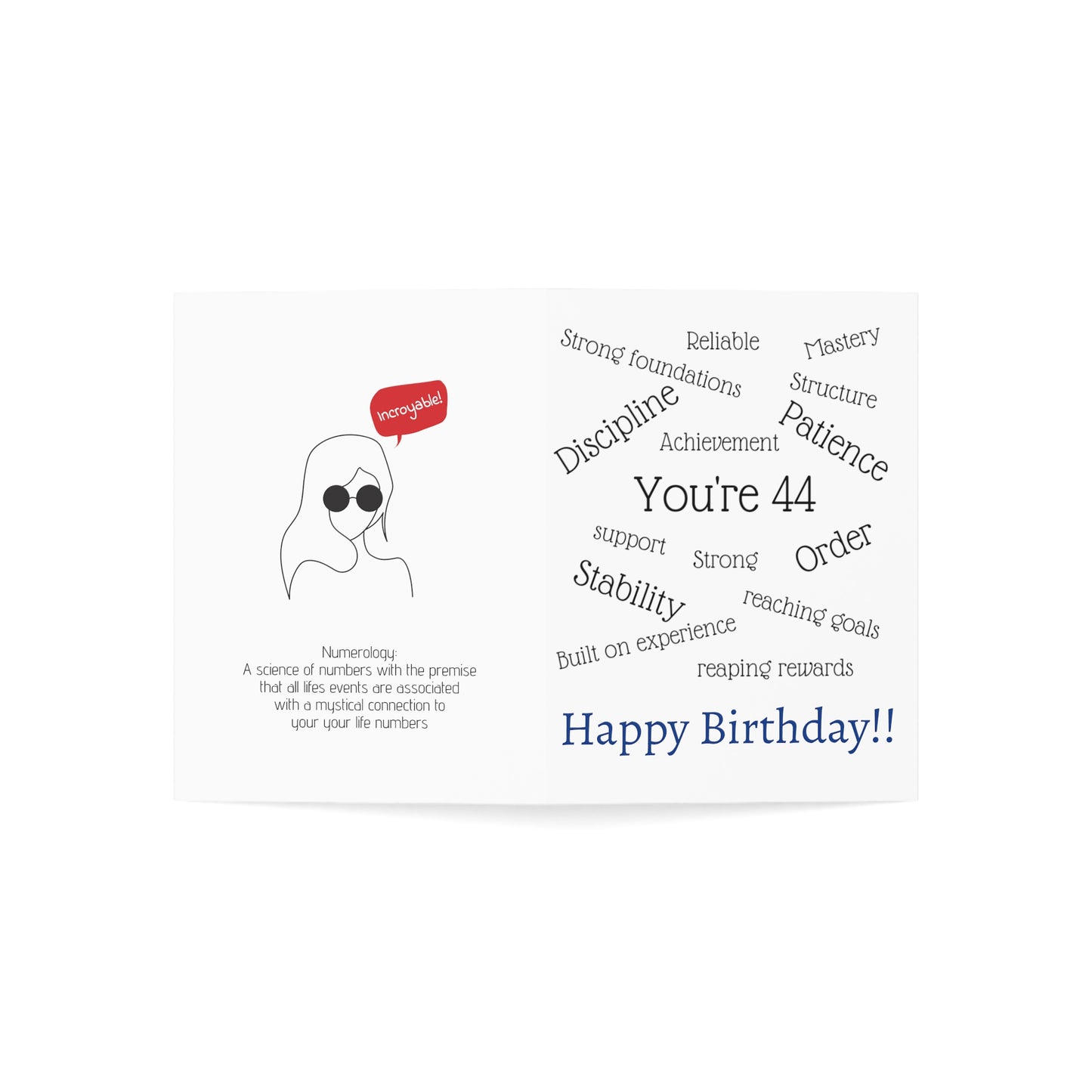 Birthday Card (1, 10, 30, and 50pcs) , 44th birthday, numerological meaning of your year to come, age birthday, gift for him or her