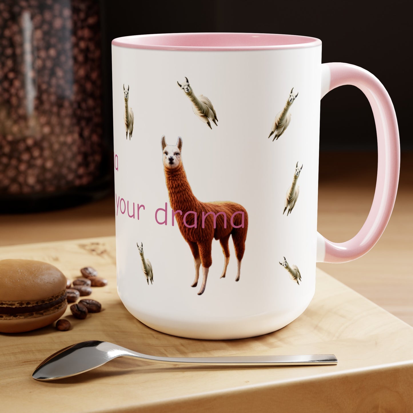 Mama Llama, no time for drama Two-Tone Coffee Mugs, 15oz, gift for mom, llama, choice of colour, pink, blue