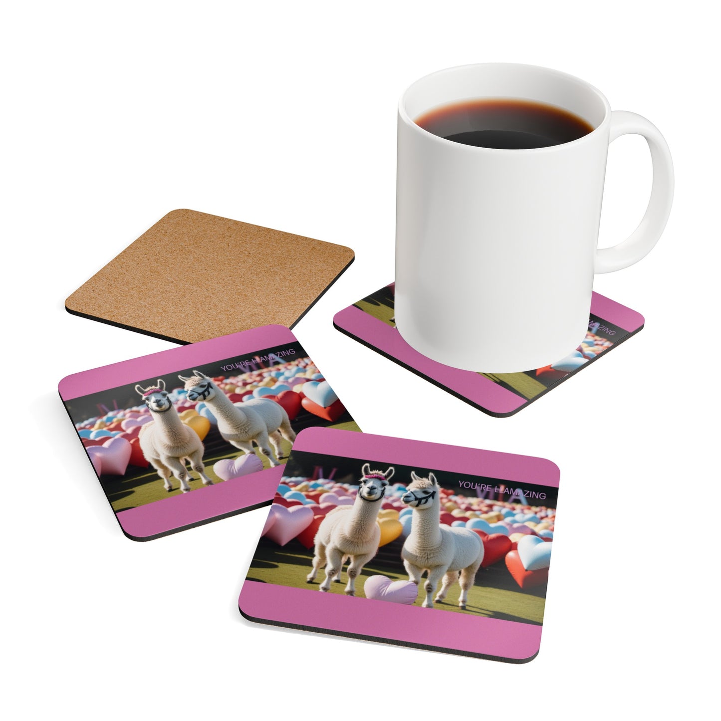 Llama Corkwood Pink Coaster Set, Llama lovers, Llamazing, pink, gift for her, shop for you, Uk, Us, Aus, cute