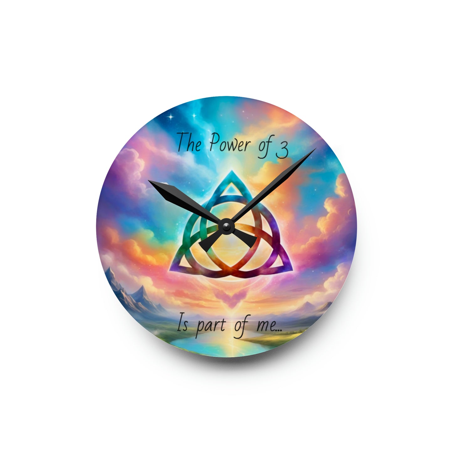 Acrylic Wall Clock, the power of 3 is part of me affirmation, brightly coloured sky with a triquetra symbol on it.