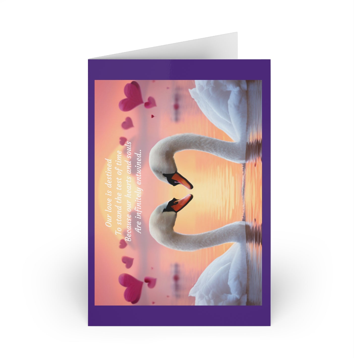 Greeting Cards (1 or 10-pcs), love message, swans on water with hearts in background, blank inside, horizontal orientation