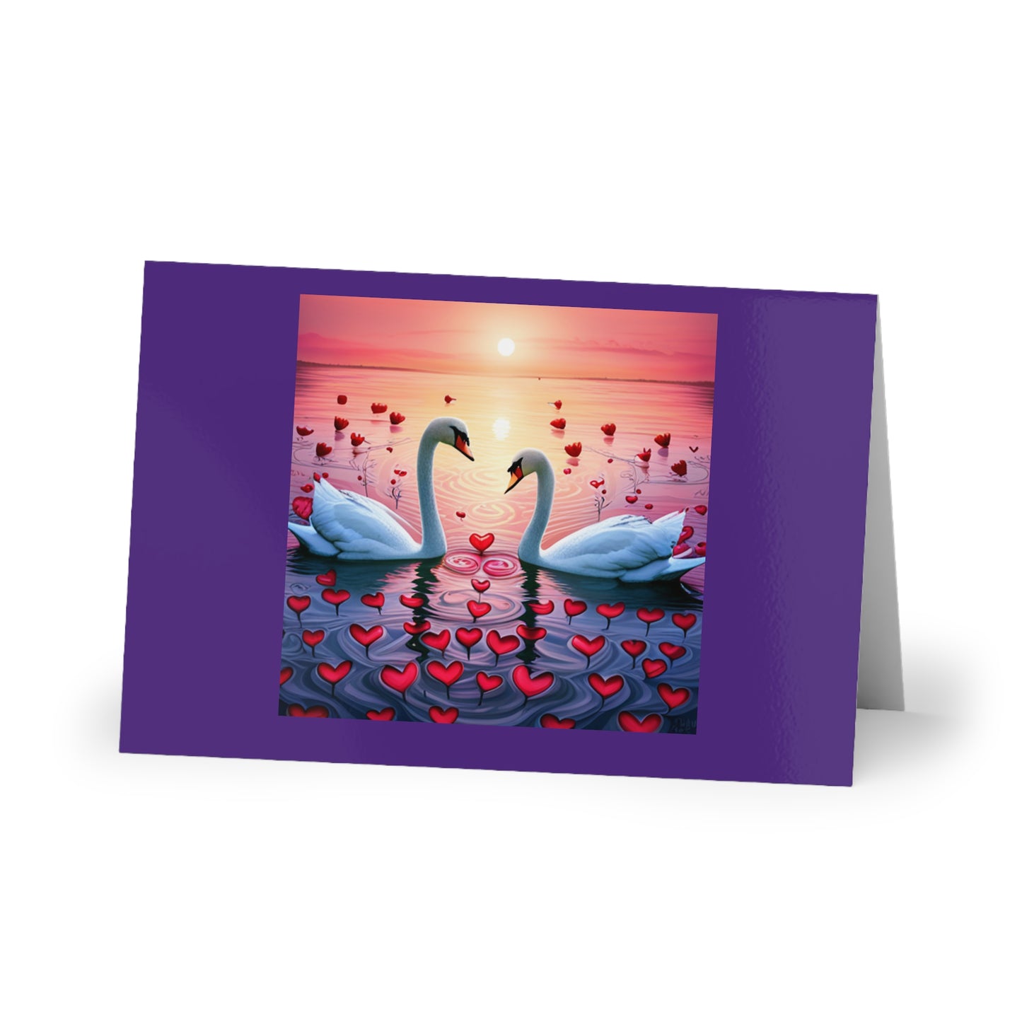 Greeting Cards (1 or 10-pcs), love message, swans on water with hearts in background, blank inside, horizontal orientation