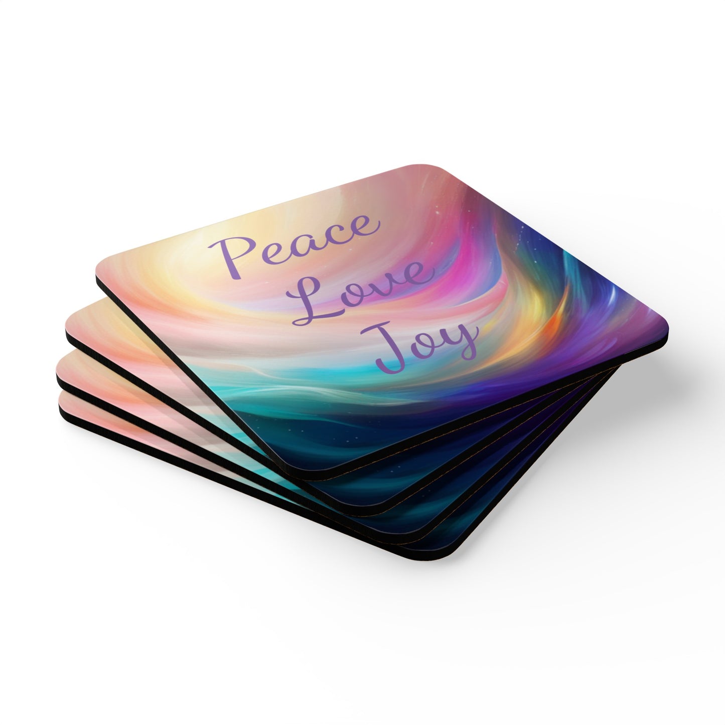 Peace, Love, Joy, Corkwood Coasters, Set of 4, Aus, UK, USA, remind yourself of your intentions as you sip your drinks, gift for everyone