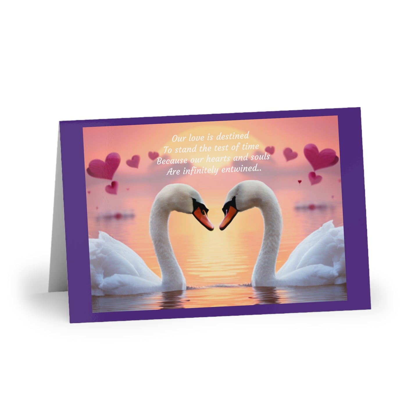 Greeting Cards (1 or 10-pcs), love message, swans on water with hearts in background, blank inside, horizontal orientation