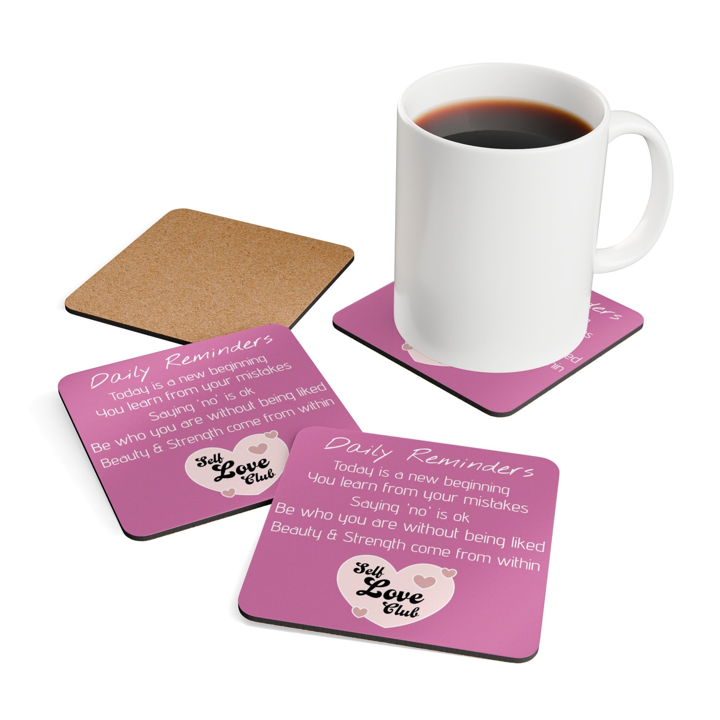 Self love club Corkwood Pink Coaster Set, uk, aus, us, daily reminder, positivity, gift for all, present, treat yourself, her