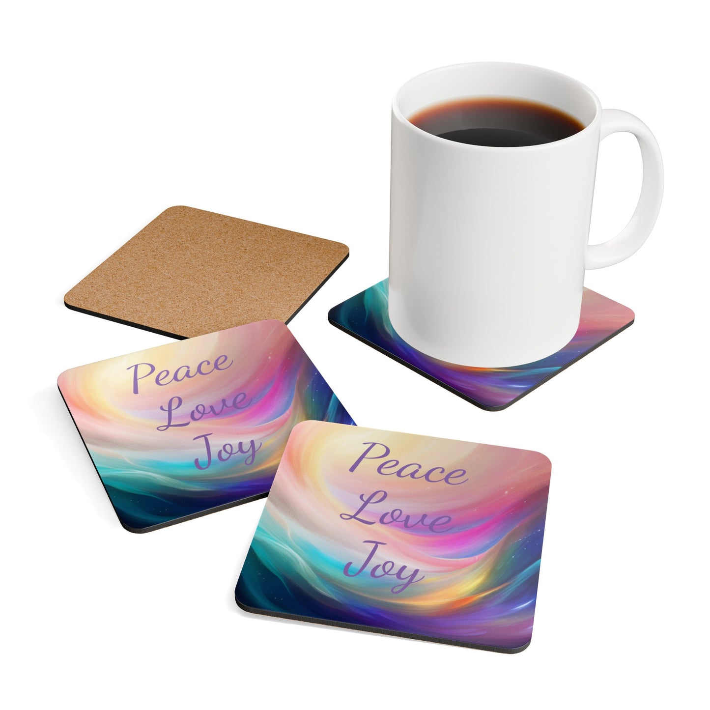 Peace, Love, Joy, Corkwood Coasters, Set of 4, Aus, UK, USA, remind yourself of your intentions as you sip your drinks, gift for everyone