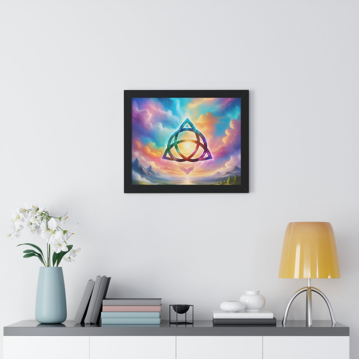 Framed Horizontal Poster, Triquetra and words, the power of 3 is part of me, various colours and sizes, colourful sky