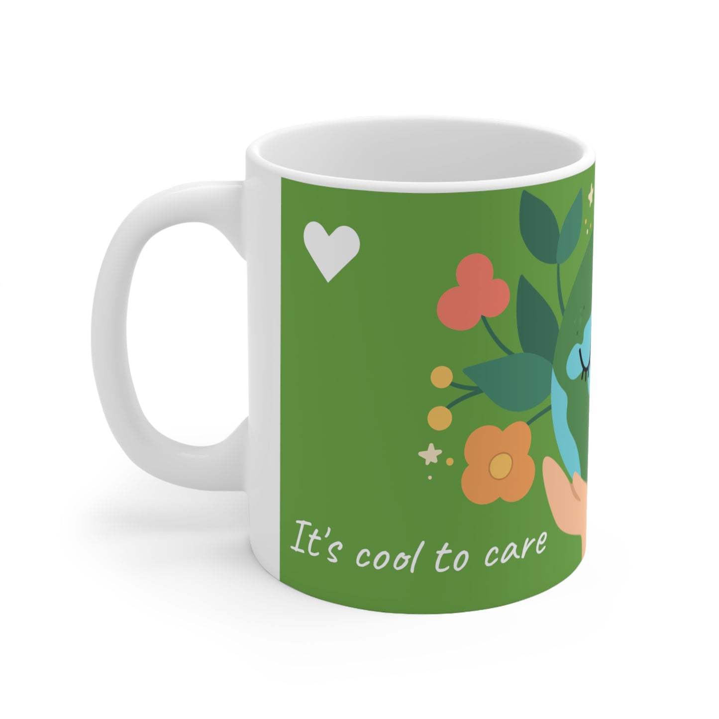 It's cool to care, think green White Ceramic Mug, 11oz, planet, Uk, Aus, Us, Green, heart, love, unisex, gift for all, him, she, hand