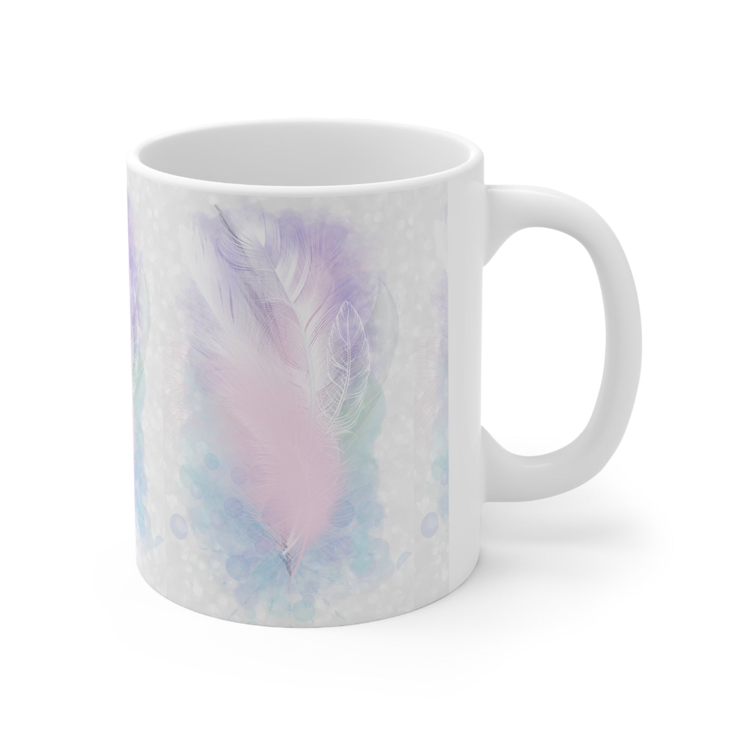 White Ceramic Mug, 11oz, light encoded with unity consciousness energies, divine union, ascension coffee cup, alchemical art, activated feather design