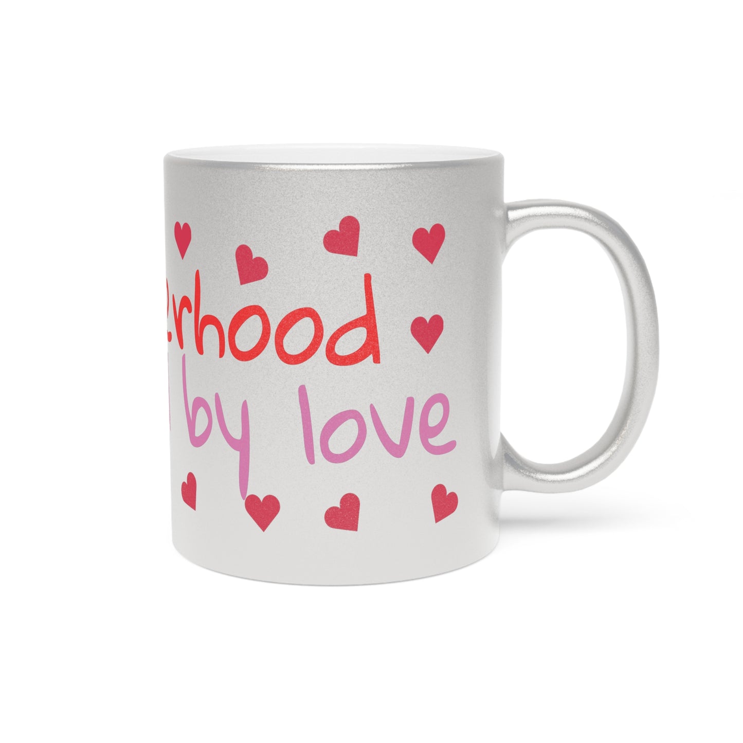 Motherhood powered by love, Metallic Mug (Silver) 11oz, mothers day, mom, gift, present, coffee cup, silver, hearts