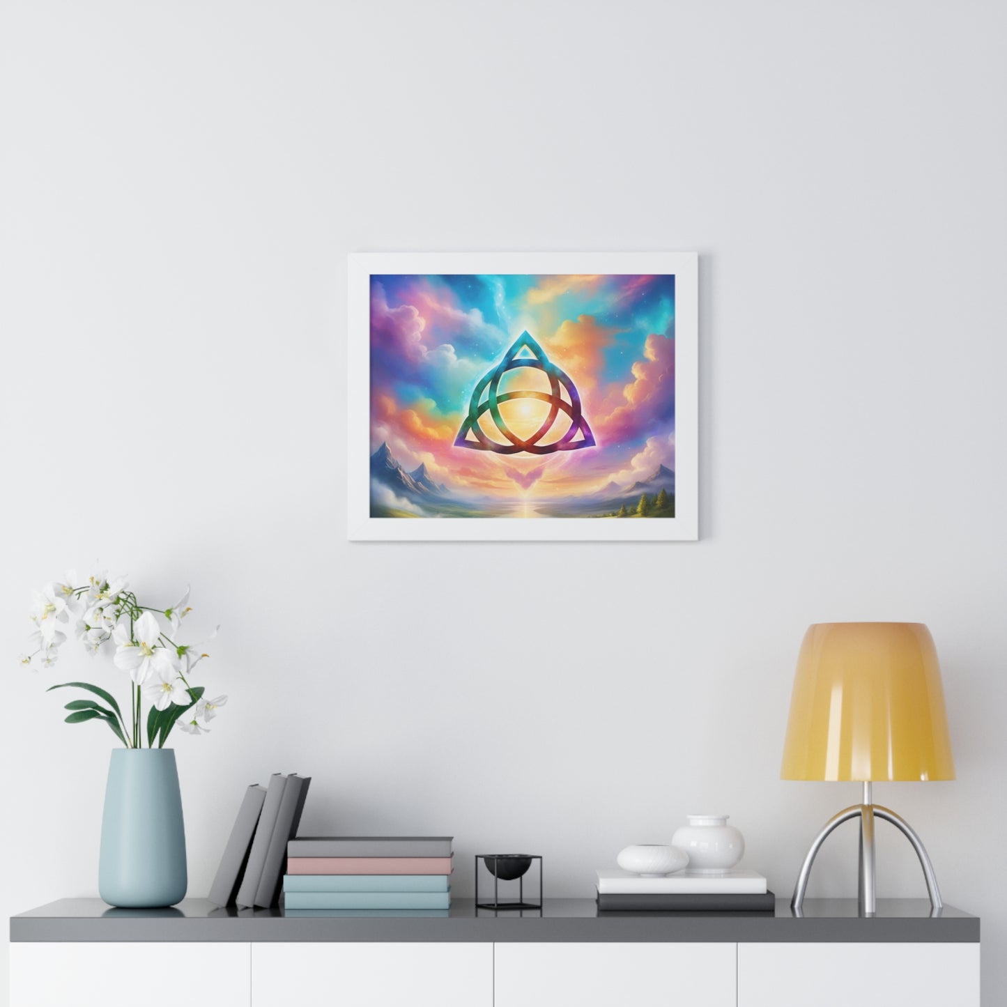 Framed Horizontal Poster, Triquetra and words, the power of 3 is part of me, various colours and sizes, colourful sky