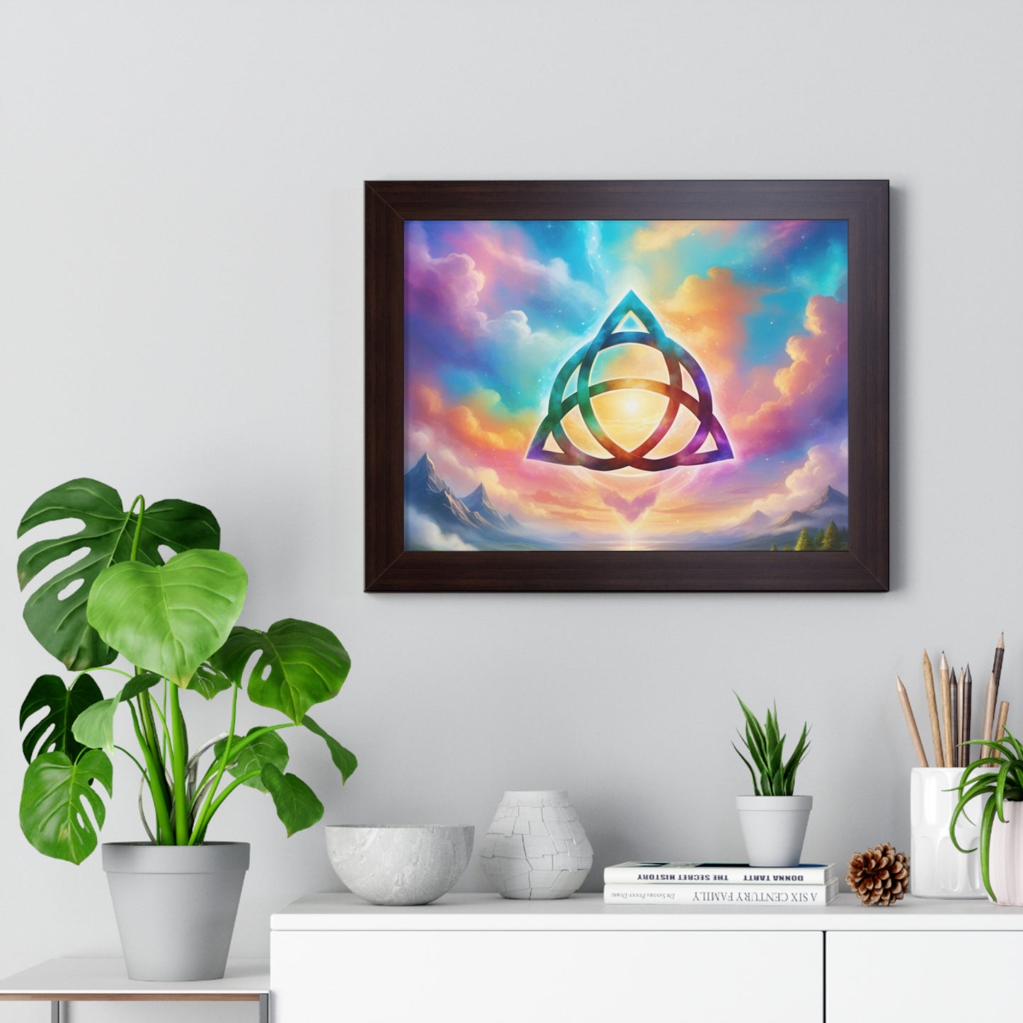 Framed Horizontal Poster, Triquetra and words, the power of 3 is part of me, various colours and sizes, colourful sky