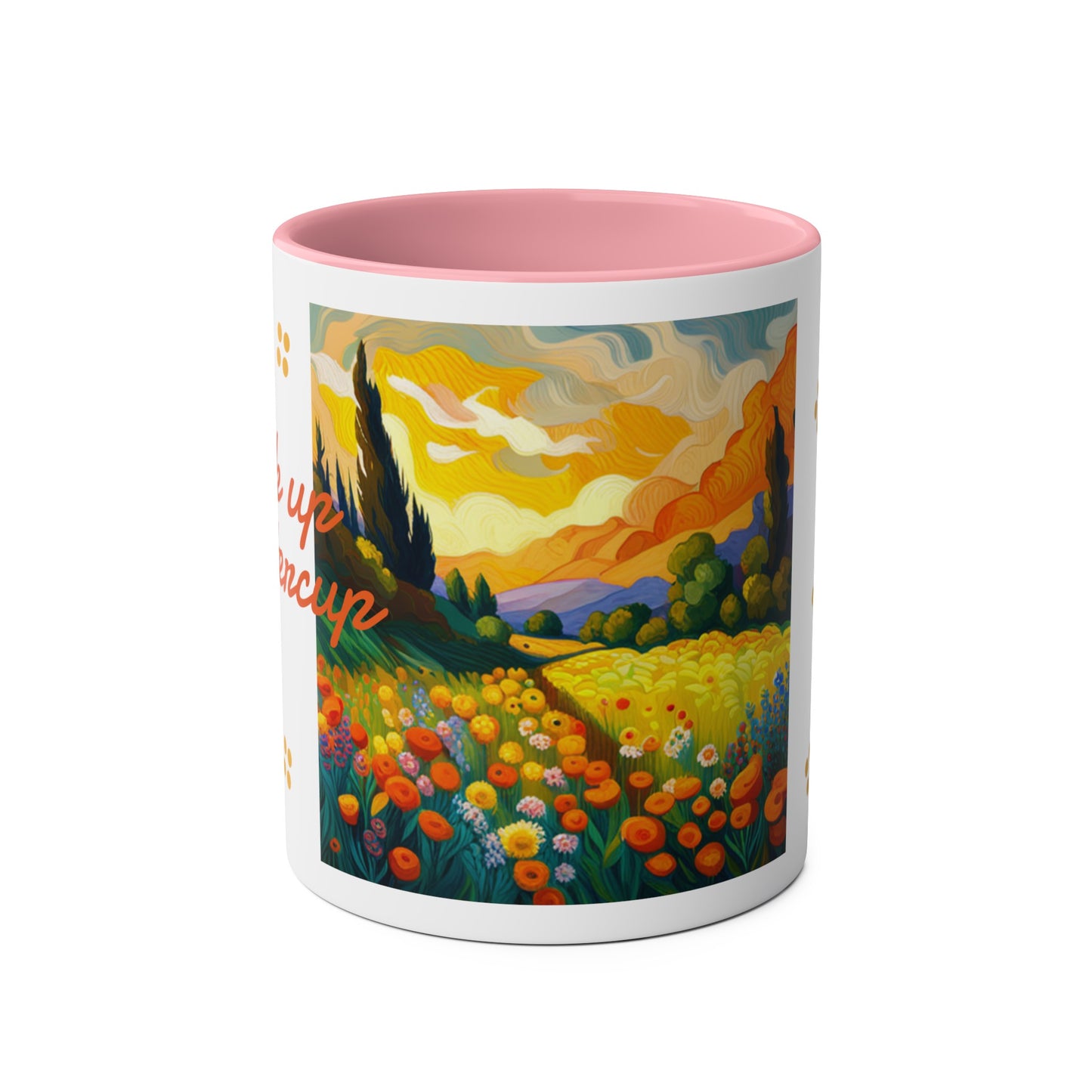 Drink up buttercup Two-Tone Coffee Mugs, 11oz, choice of 3 colours, refreshing, flowers, tea, hot drink, unisex, UK