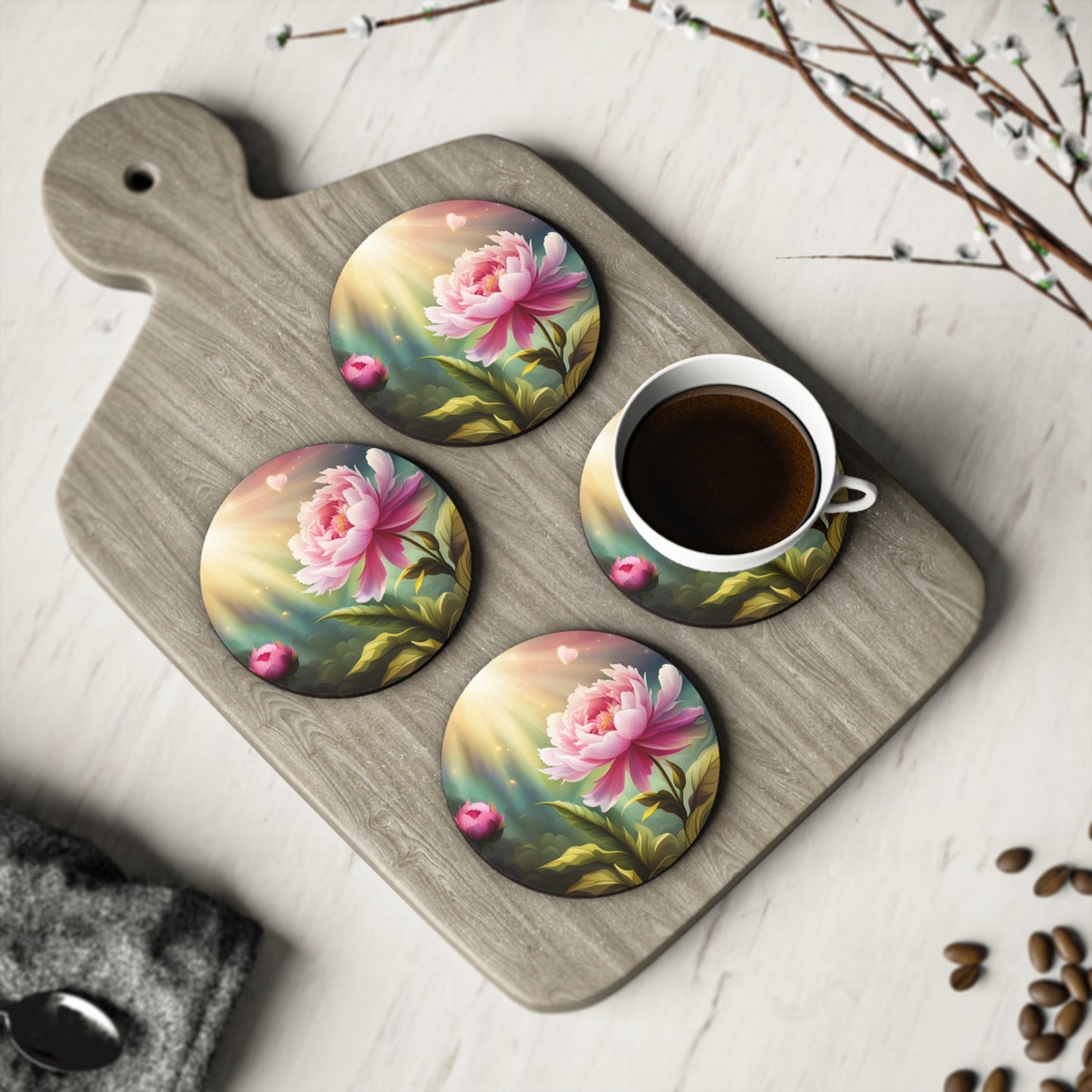 Peony flower Coasters, single or set of 4, round, Shipped form Australia/NZ