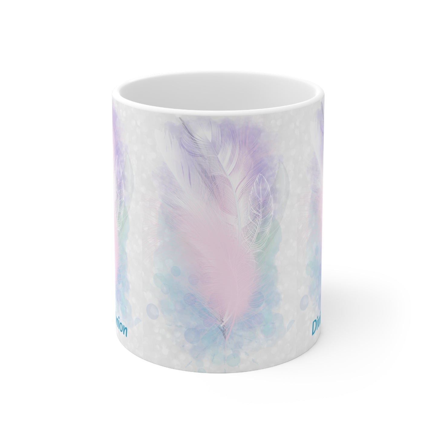 Divine union White Ceramic Mug, 11oz, light encoded feather design, activated alchemical art